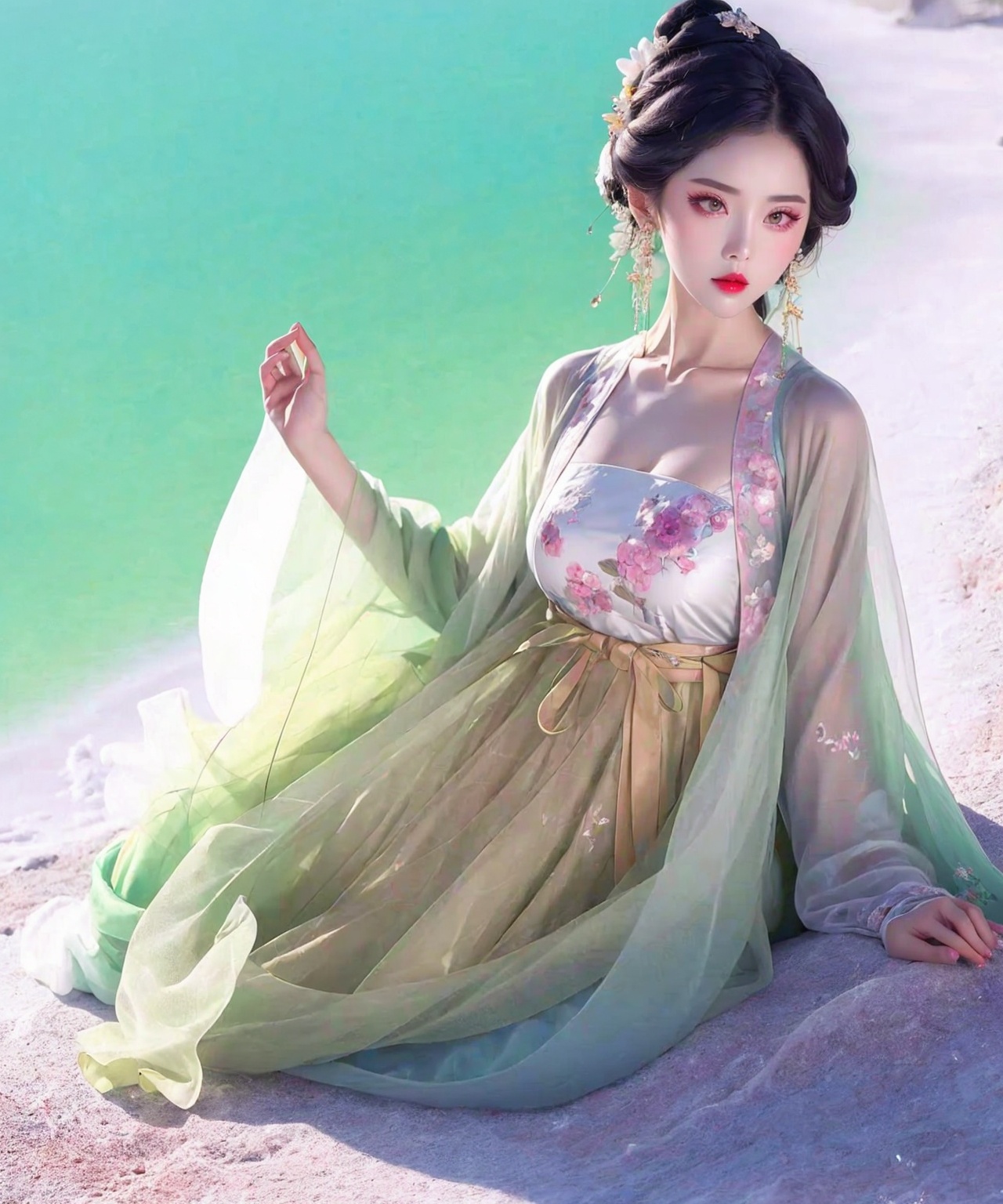 1girl,dress,jewelry,red_lips_,lipstick,applying_makeup,diamond drop earrings,eye makeup,solo,black hair,<lora:汉服眼妆1.3:0.5>,hanfu,<lora:汉服海沙滩1.1:0.9>,