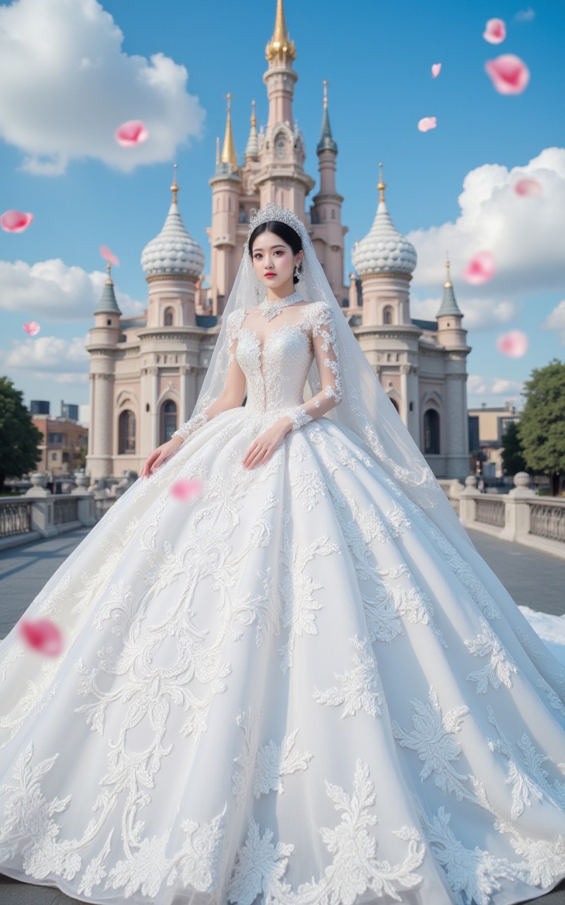 <lora:婚纱10.1:0.8>,hunsha,1girl,dress,solo,white dress,veil,wedding dress,black hair,bridal veil,tiara,jewelry,looking at viewer,bride,long dress,necklace,brown eyes,realistic,full body,in the background, in front of a glorious cathedral,blue sky and white clouds,a large number of rose petals flying in the air,<lora:时尚滤镜10:0.5>,