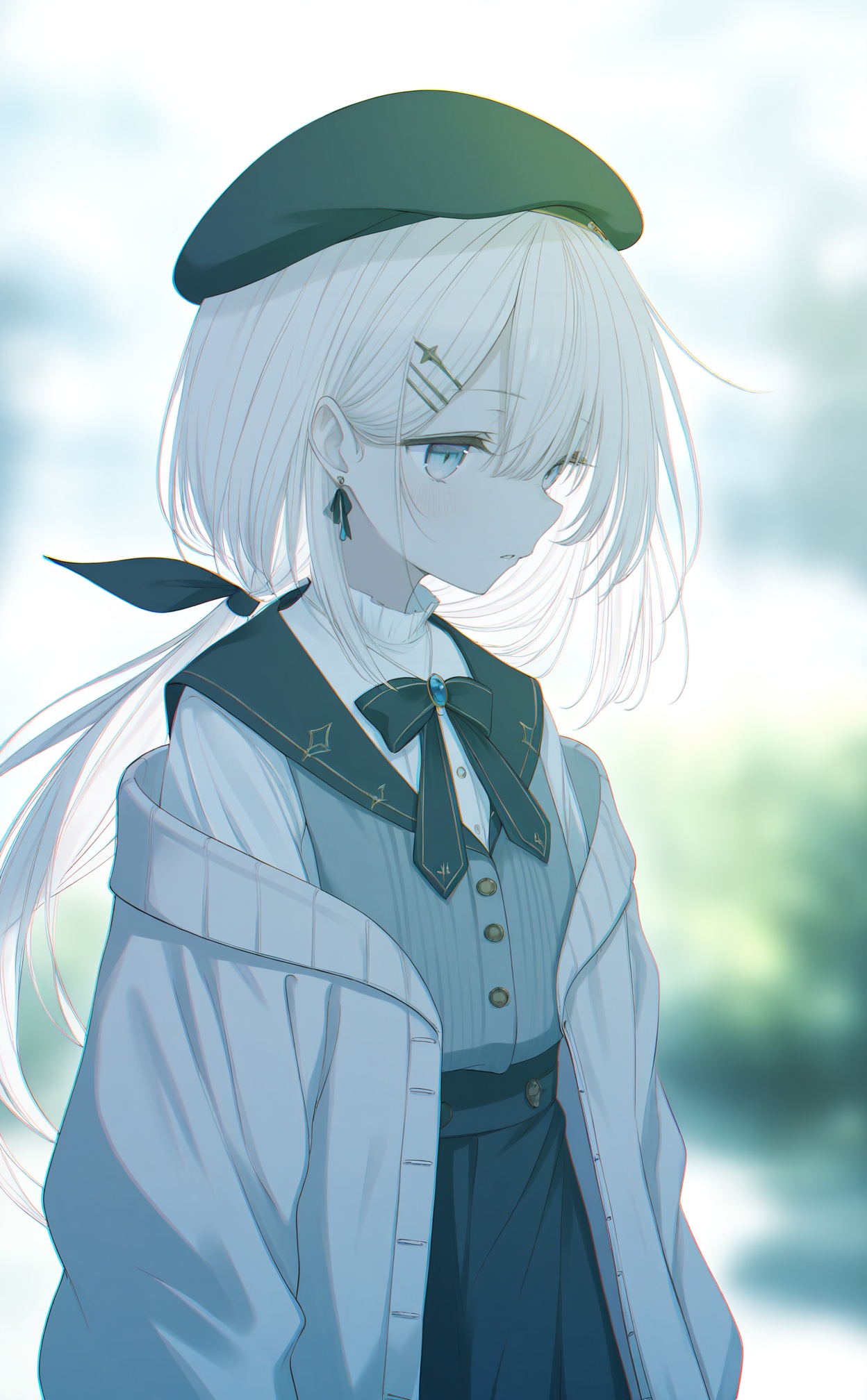 masterpiece,highres,absurdres,newest,best quality,loli,petite,high quality,chromatic_aberration,shiny_skin,//,1girl, solo, long_hair, hat, jewelry, blurry_background, earrings, beret, off_shoulder, hair_ornament, blurry, virtual_youtuber, white_hair, ribbon, low_ponytail, hair_between_eyes, parted_lips, black_headwear, cardigan, upper_body, hair_ribbon, hairclip, bowtie, outdoors, bow, jacket, long_sleeves//,<lora:aestivation——【noob】hans:0.8>,