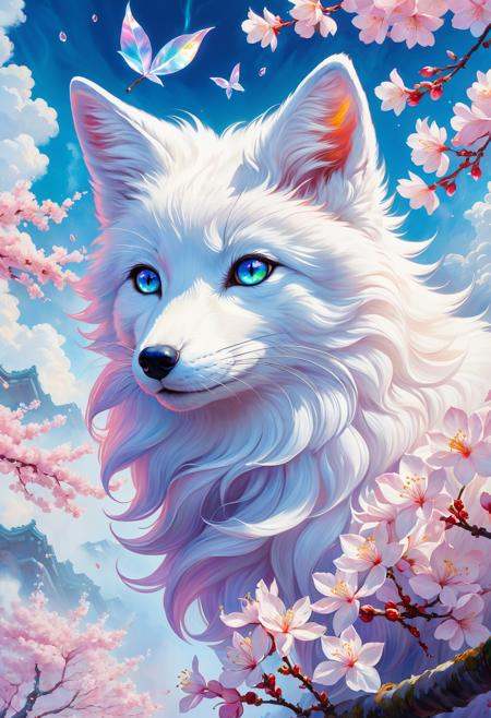 james jean,  floating white fox figure made of sakura cherry blossom leaf,  smoke on Tensor.Art
