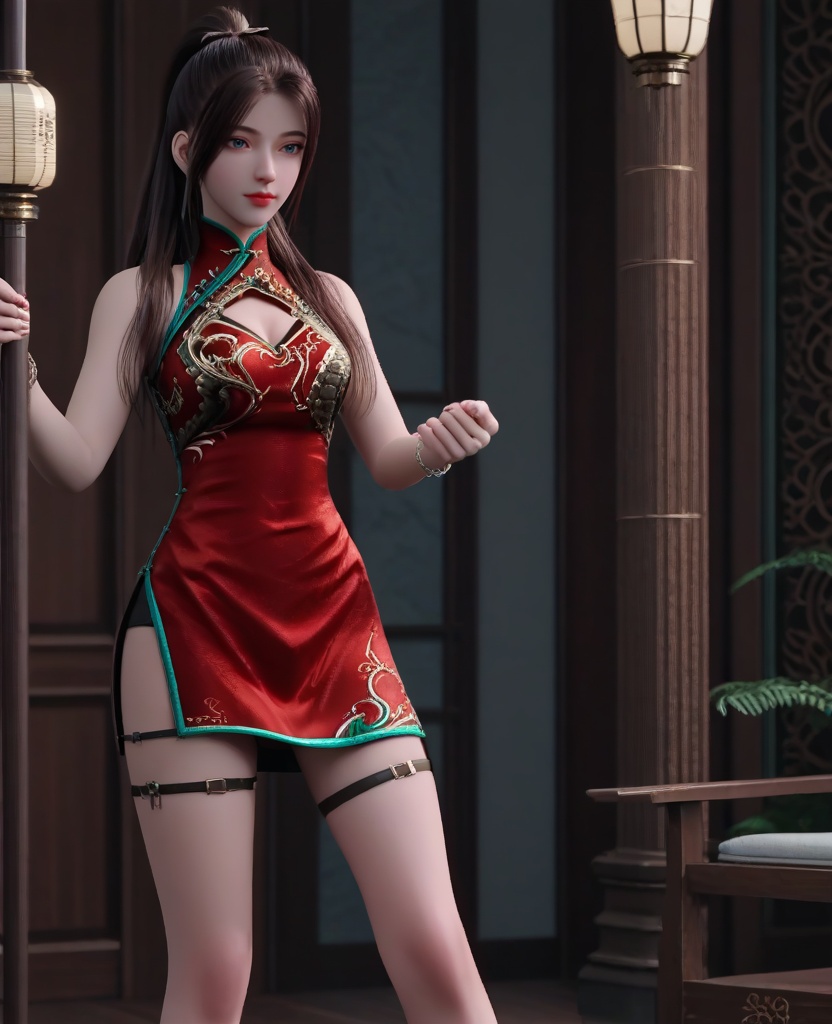 (oriental architecture, elegant decor, sophisticated style:1.1),(Standing with legs apart, arms folded across the chest:1.1),(breasts:1.2),<lora:XL16龙蛇演艺唐紫尘:0.95>,miss tangzichen,red short qipao with embroidery,blue eyes,black hair,ponytail with hair over shoulder,cleavage cutout,red lips,bracelet,jewelry,thigh loops,black high-heeled sandals,, score_9,score_8_up,score_7_up,score_6_up,score_5_up,score_4_up,3d rendering,tag1,tag2, Cinematic Lighting,backlighting,