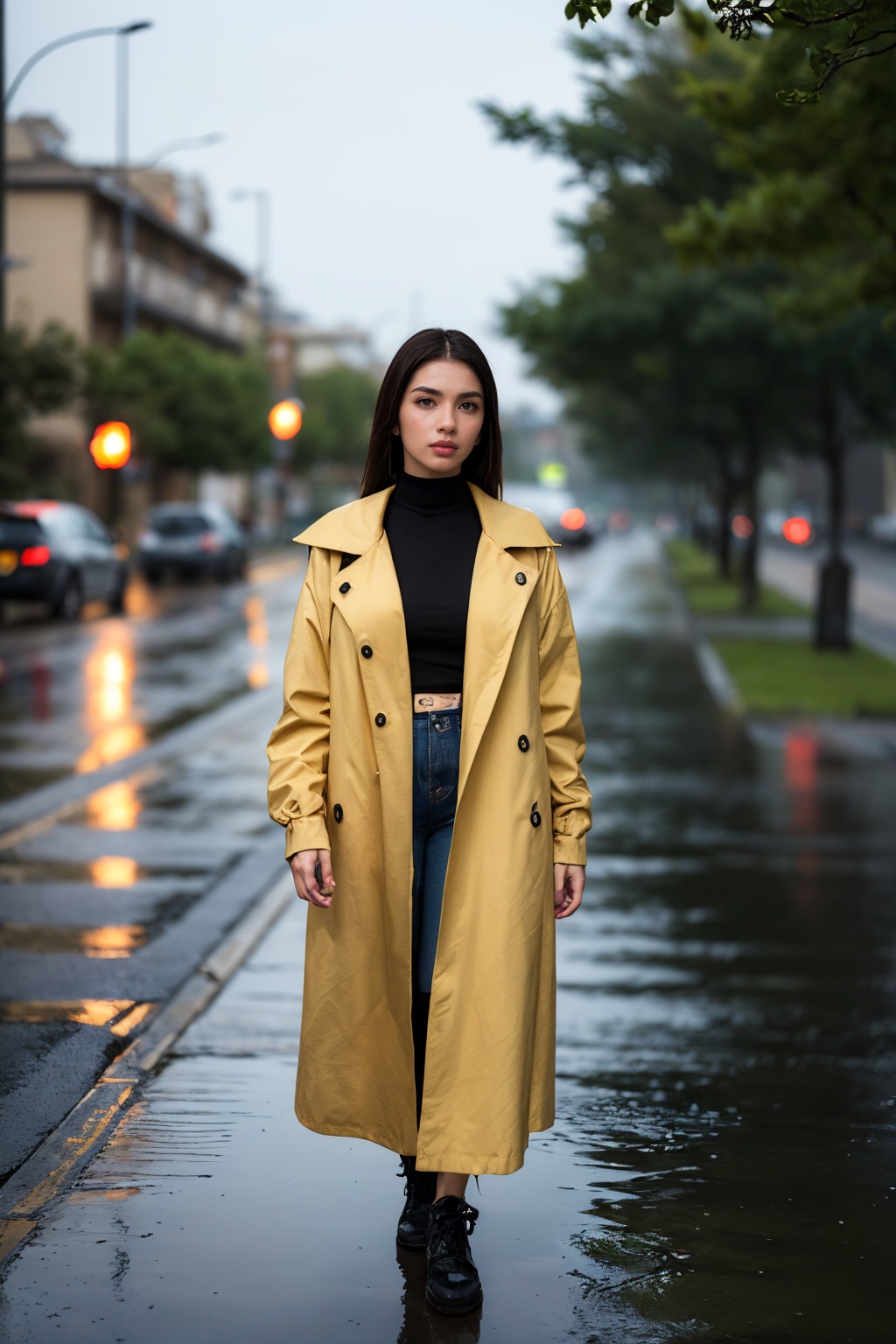 Generate an artisvic vision of watercolor portrait of a beautiful girl in a yellow raincoat,  20yo,  walking in a dark rai...