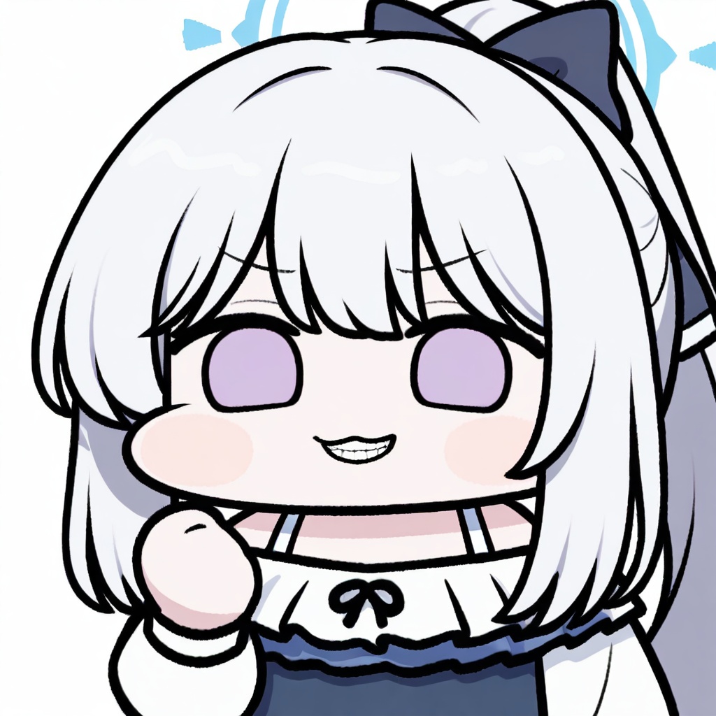 chibi,1girl,solo,upper body,,miyako \(swimsuit\) \(blue archive\),blue archive,long hair,ponytail,white hair,bangs,bow,halo,hair bow,purple eyes,,very long hair,grey hair,evil grin, ,white background,simple background,<lora:JazzJack_noob1:1>,