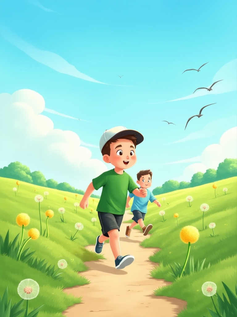 misc,A digital painting of two young boys running on a path through a lush green field with dandelions and daisies. The boy in the foreground is wearing a green t-shirt, black shorts, and a white cap, and has a determined expression on his face. The background features a bright blue sky with fluffy white clouds and a few birds flying in the distance. The scene is vibrant and cheerful, with a soft, pastel color palette. The boys are positioned in the center of the image, with the path leading away from them.<lora:米洛包装插画-L1.4:1>