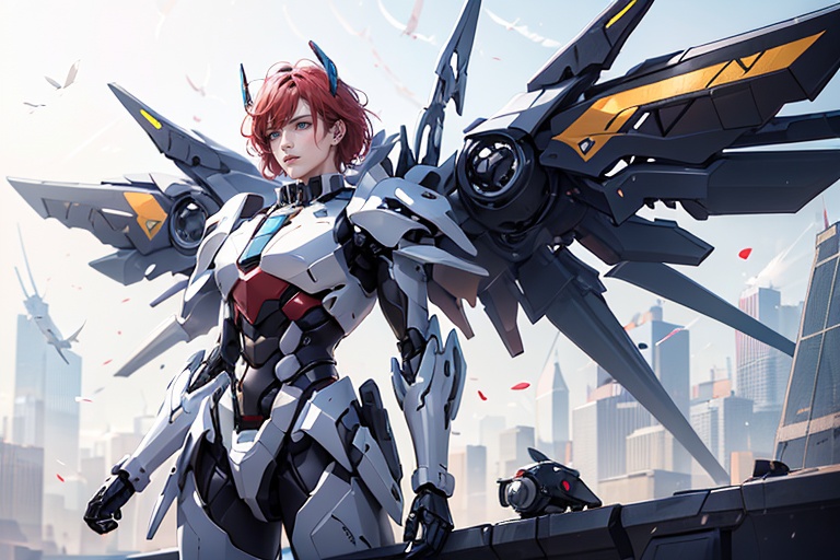 1boy,concept artwork,red hair,(a lonely solo boy:1.4),sky,wing,mech helmet,sitting on the ground,wings with fans,graphics card fan,strong male mecha warrior,mighty and domineering,cool mecha,32k,blue and white color scheme,white armor,<lora:atai_20240121203524-000008:0.7>,white_background,standing,cowboy_shot,
