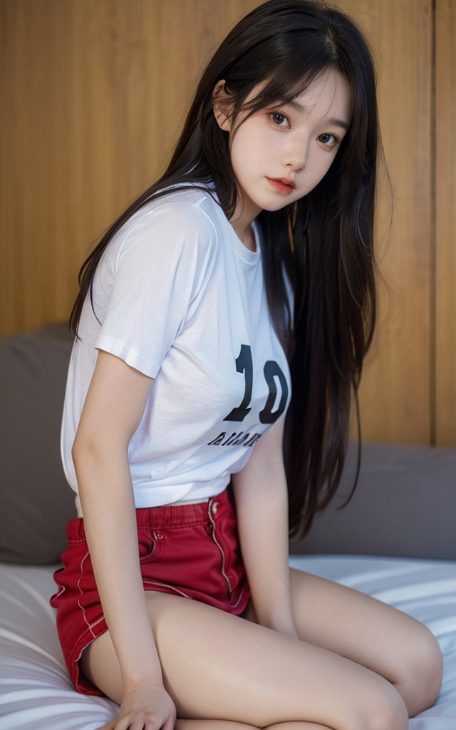 1girl,solo,sitting,long hair,realistic,looking at viewer,black hair,best quality,(high quality:0.9),4k,8k,(masterpiece:1,2),highres,high resolution,8k,RAW photo 8k,ultra high res,upon_body,photorealistic,dslr,8k uhd,Photograph,full body,beautiful fingers,Bare leg,Beautiful face,fair_skin,white sox,t-shirt,cutoffs,<lora:Student boon boon01-2:0.8>,