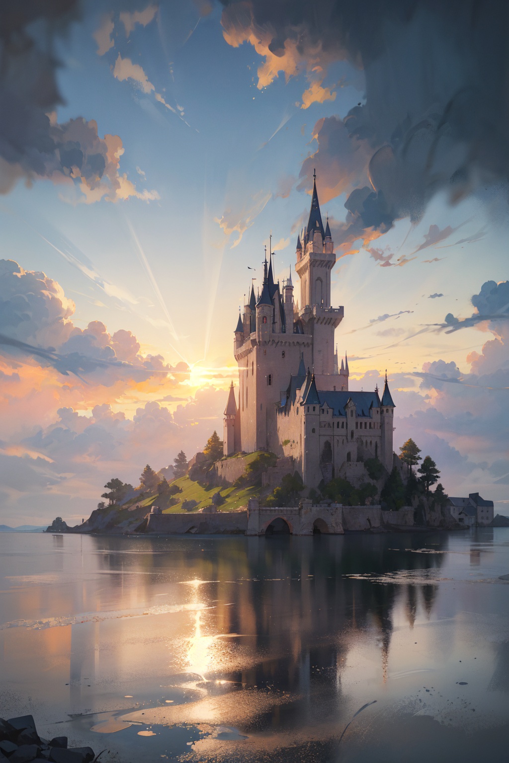 masterpiece,best quality,HD Resolution,(ray tracing,cinematic lighting),photography,Castle,Architecture,sea,sunburst,lighting,Clarity,Realism,Landscape Wallpaper,