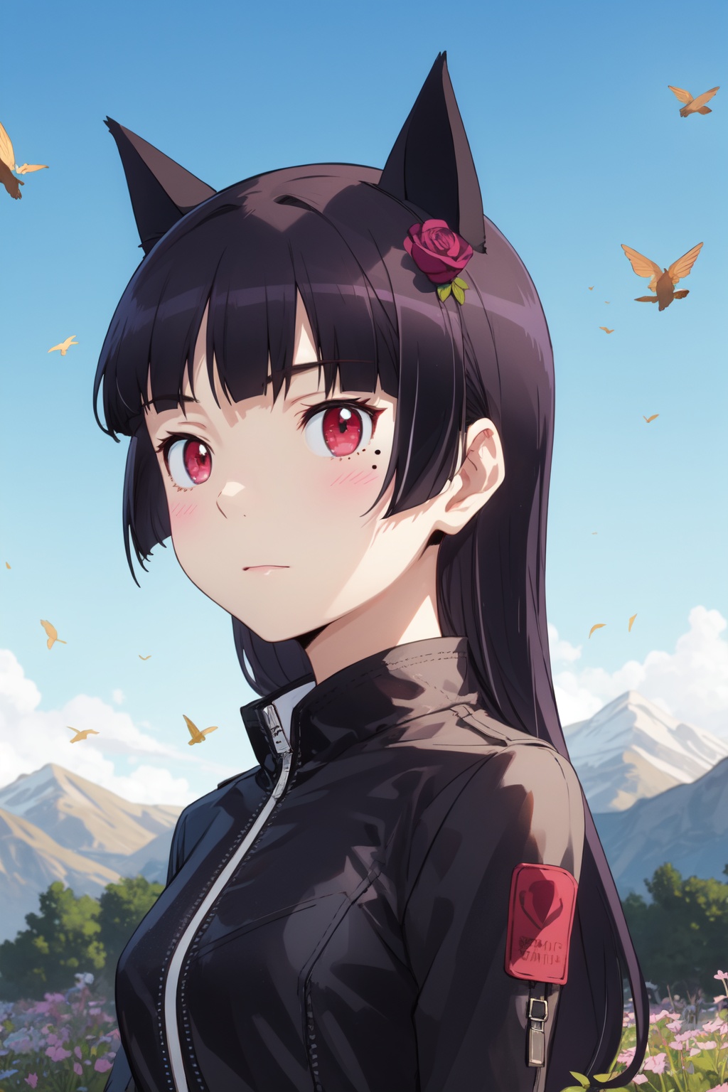 <lora:Ruri-000010:0.8>,Ruri cyql,1girl,looking at viewer,solo,long hair,black hair,hime cut,red eyes,mole under eye,cat ears,Faux leather moto jacket with quilted detailing and silver hardware accents,Teasing, A playful smirk, a raised eyebrow, and a hint of dominance.,upper_body,beautiful face,beautiful eyes,glossy skin,shiny skin,Meadow, Flowers, Mountains, Grass, Bees, Colors, Serenity, Breeze,(Evergreen trees, Snow-covered branches, Red berries, Frosty air, Soft snowfall, Silence:0.6),beautiful detailed sky,beautiful detailed glow,posing in front of a colorful and dynamic background,masterpiece,best quality,beautiful and aesthetic,contrapposto,female focus,wallpaper,fashion,