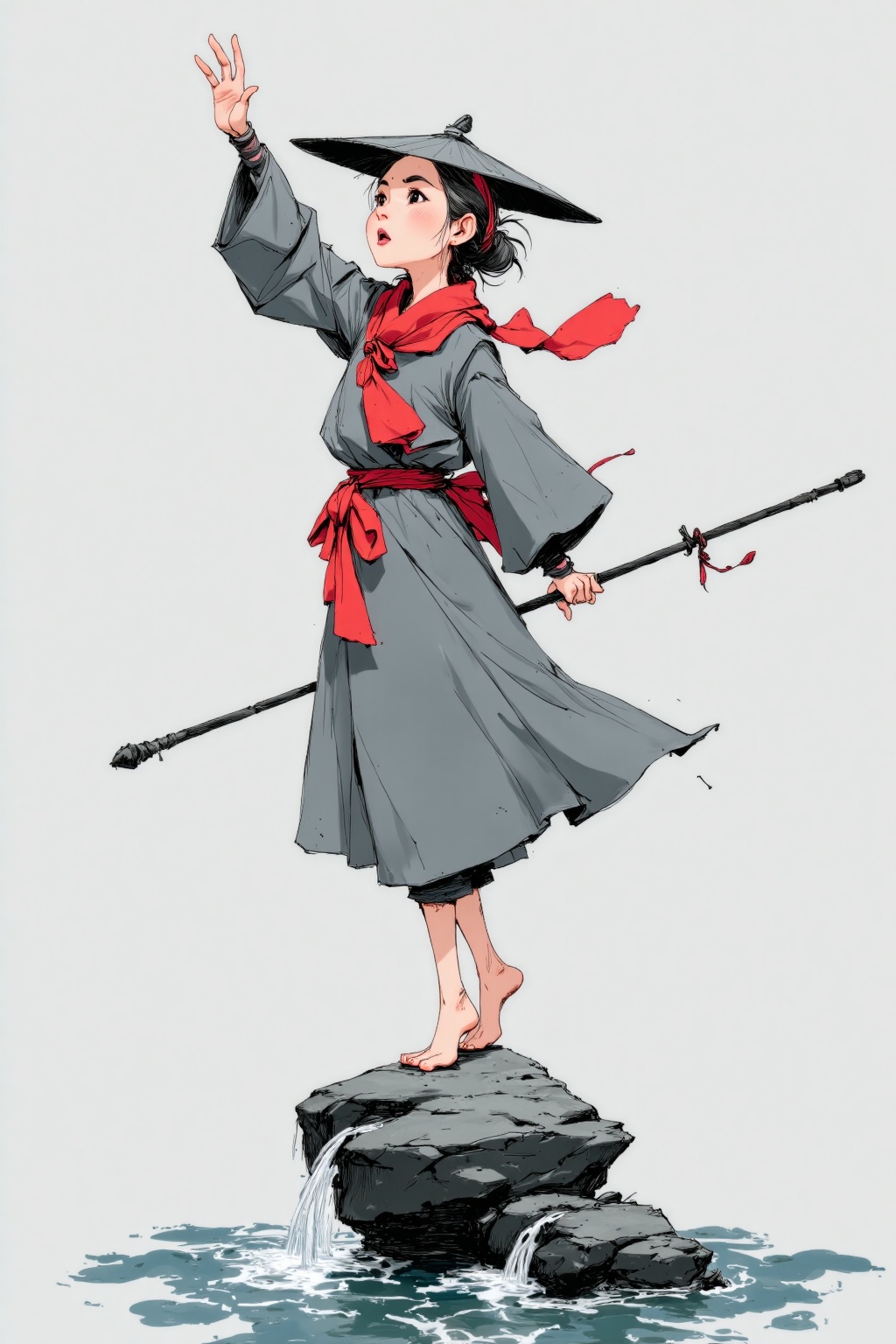 beijihui,A cartoon drawing of a Asian woman in a gray dress with a red scarf tied around her neck. She is standing on a black rock that is falling off of the water. The woman is holding a black stick in her right hand and her left hand is raised in the air. Her head is turned towards the left. Her hat is pointed to the left and has a pointed brim. The background is a light gray color.,