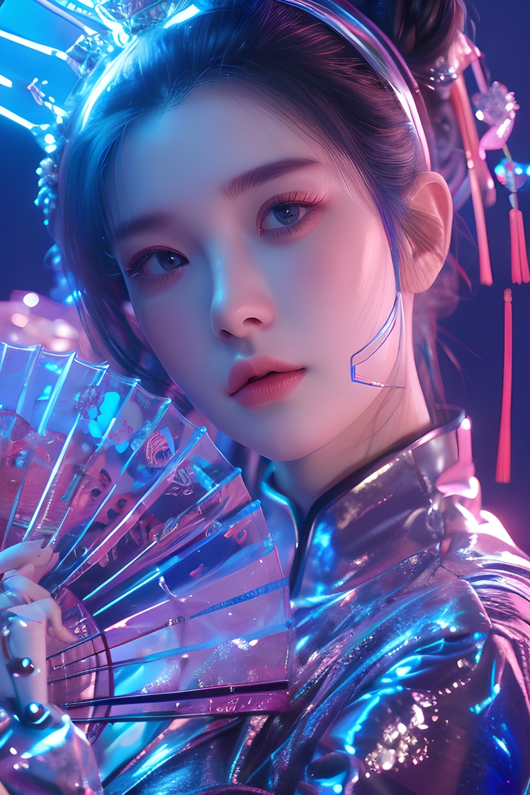 light pink,colorful, neon lights, Cyberpunk beauty ,1girl, Chinese fan,<lora:20240218-1708234260649:0.7>, <lora:lora_美女大胸写实:0.4>, <lora:meinv123:0.6>