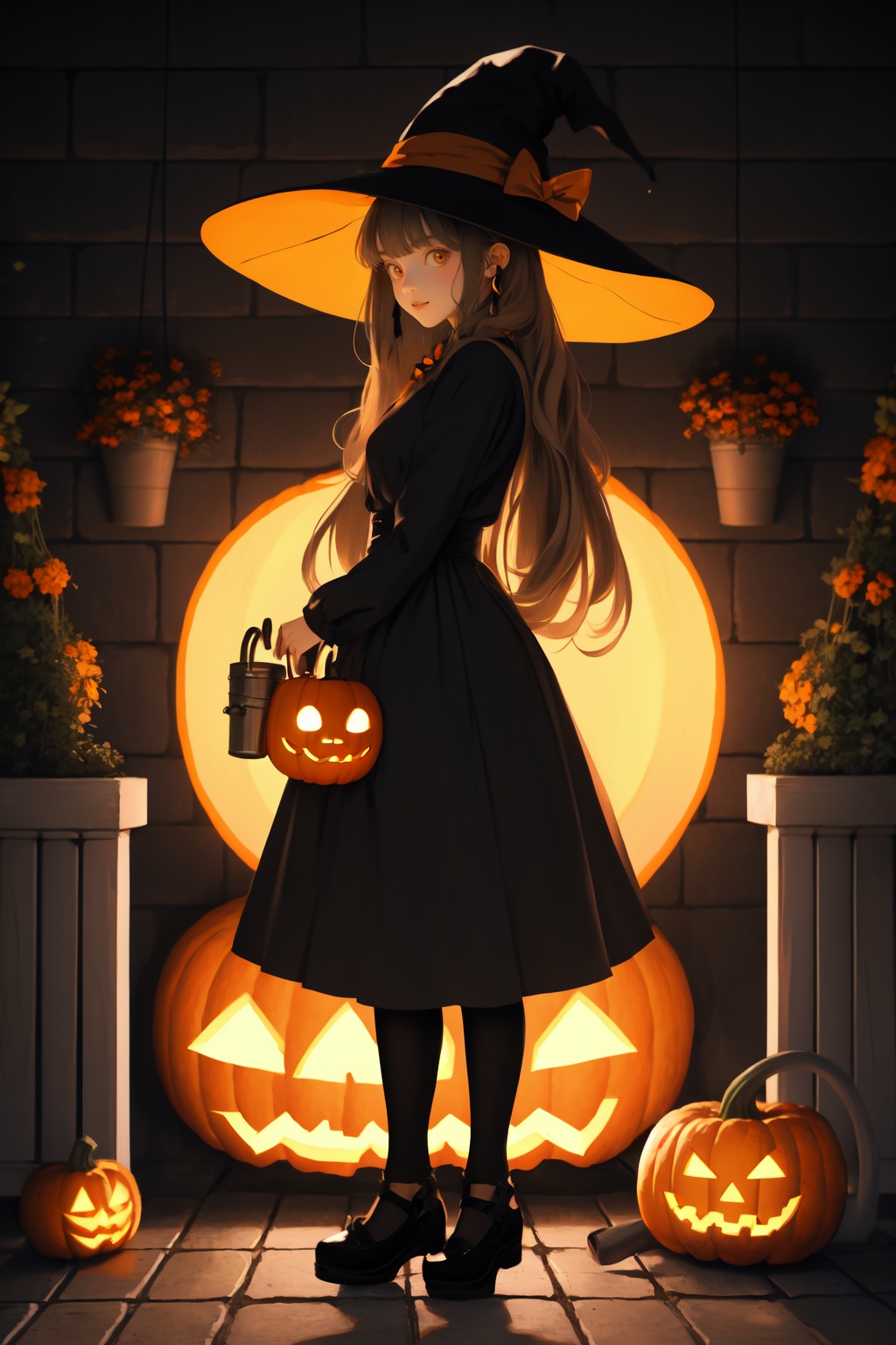 (soiree style:1.2),1girl,solo,hat,plant,witch hat,dress,watering can,long hair,potted plant,shoes,mary janes,black dress,jack-o'-lantern,black footwear,witch,holding,pumpkin,