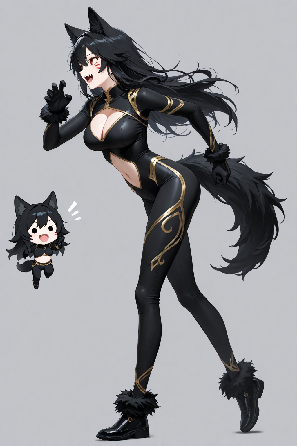 masterpiece,best quality,amazing quality,very aesthetic,absurdres,newest,highres,1girl, solo, wolf ears, black hair, long hair, facial mark, wolf tail, black bodysuit, cleavage cutout, gold trim, navel, black gloves, fur trim, black pants, black shoes,chibi, dot eyes, simple background, fangs, open mouth, happy, running, dynamic pose, from side, full body