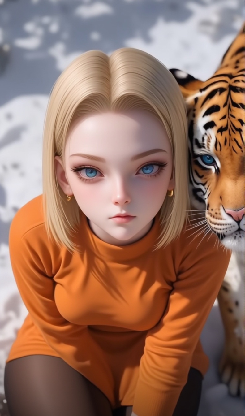 anime-style, 1girl, solo, blonde hair, pantyhose, blue eyes, breasts, looking at viewer, short hair, android 18， The image is a highly detailed digital artwork in a realistic style, featuring a young woman and a tiger. The woman has fair skin, striking blue eyes, and short, straight blonde hair that falls just above her shoulders. She is wearing a high-necked, orange turtleneck sweater that contrasts sharply with her fair skin. Her expression is calm and composed, with a slight hint of curiosity. She has a gold hoop earring in her left ear. The tiger, positioned on her right side, has a striking orange and black coat with vivid blue eyes, typical of a Bengal tiger. Its fur appears soft and slightly glossy, with a texture that suggests a realistic depiction. The tiger's head is partially visible, with its large, round eyes gazing directly at the viewer. The background is a blurred, snowy landscape, with a mix of white and grey tones that suggest a cold, wintry environment. The overall composition of the image creates a striking juxtaposition between the serene and composed human subject and the wild and powerful tiger. The artwork captures the interplay of light and shadow, enhancing the realism and emotional depth of the scene.   <lora:118号:1>