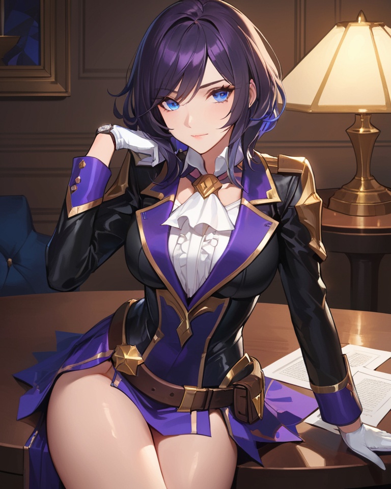(best quality), ((masterpiece)), (highres), illustration, original, extremely detailed,<lora:SNQX:0.7>1girl, solo, white ascot, caitlyn \(league of legends\), gloves, blue eyes, jacket, looking at viewer, short hair, bangs, black jacket, sitting, ascot, black hair, blue hair, long sleeves, closed mouth, watch