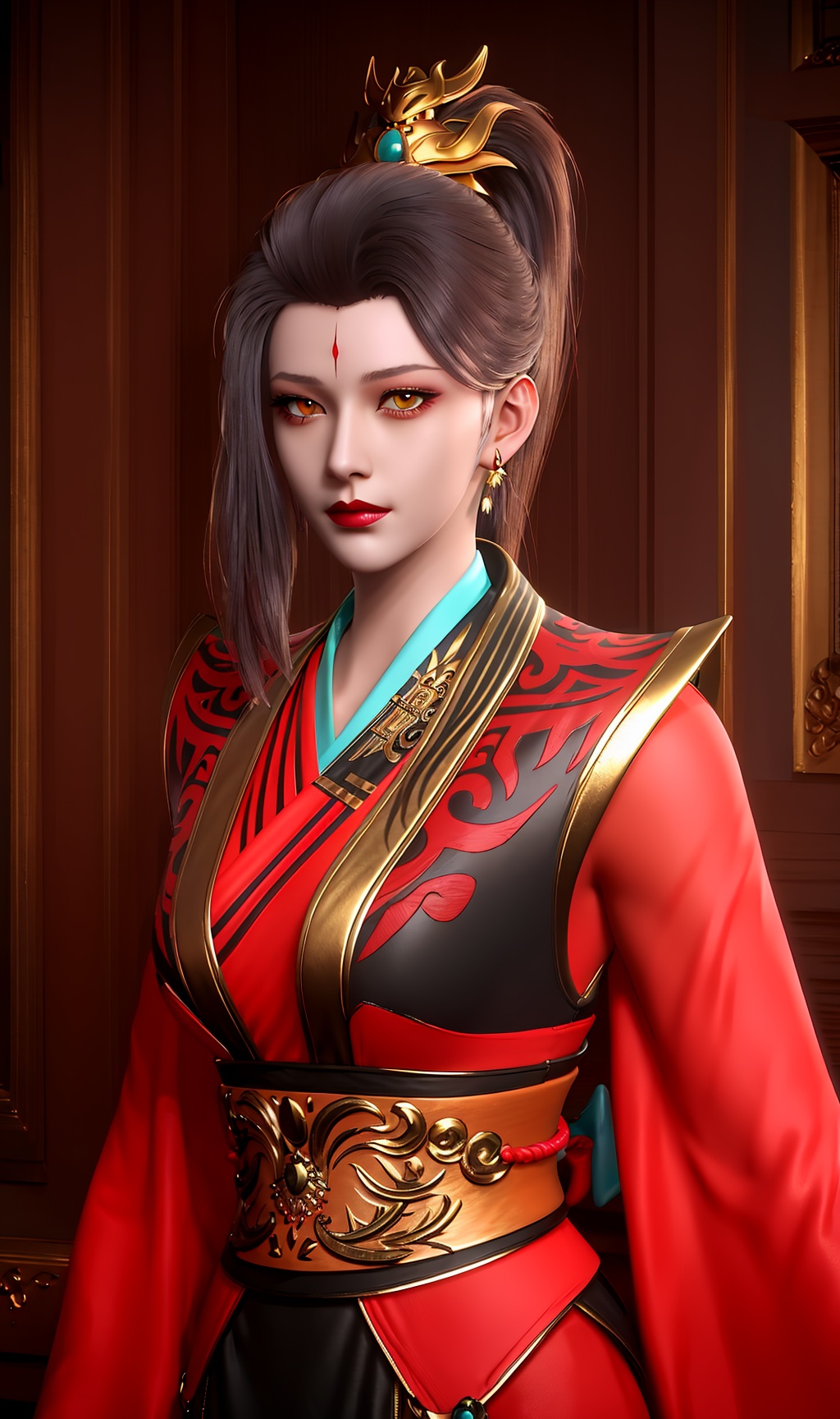 3D,masterpiece,(best quality),(makeup),official art, extremely detailed cg 8k wallpaper,((crystalstexture skin)), (extremely delicate and beautiful),(highly detailed),(face),headpiece,(collar),(ponytail),(tiara),(closed_mouth),(1girl), (solo), (jewelry), (earrings),(brown_hair),(long_hair),(hair_ornament),(handwear),(breasts),(standing),((upper_body)),(dress),(multicolored_clothes),(multicolored_dress),(shiny_clothes),(city,indoor),(sash),,((looking_at_viewer)),((Facing the camera)),(gold_trim),, <lora:hipoly3DModelLora_v10:0.3>