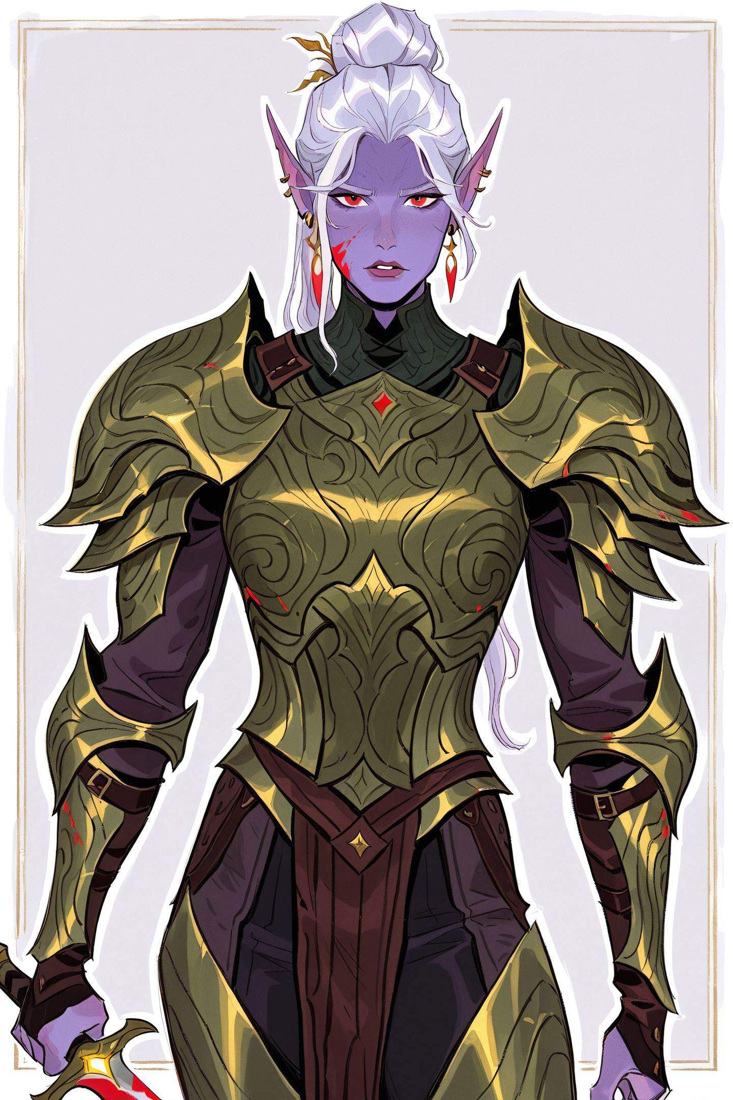 ami thompson Style,elf,1girl,pointy ears,weapon,armor,solo,colored skin,dark elf,looking at viewer,blood,white hair,shoulder armor,breastplate,red eyes,pauldrons,cowboy shot,blood on face,simple background,purple skin,earrings,standing,holding knife,white background,ponytail,blood on weapon,hair bun,grey background,parted lips,border,holding dagger,traditional media,<lora:ami thompson_illustriousXL:1>,