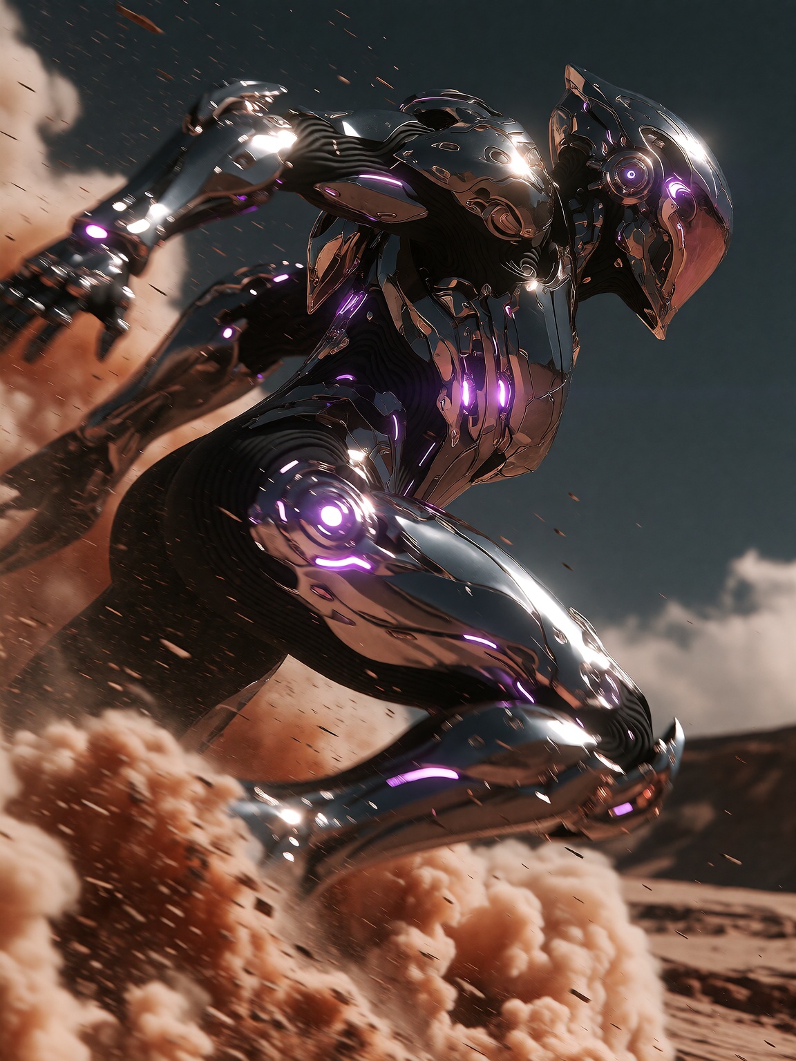 A dynamic,  high-action shot of a futuristic armored figure sprinting at extreme speed across a dusty,  desolate landscape...