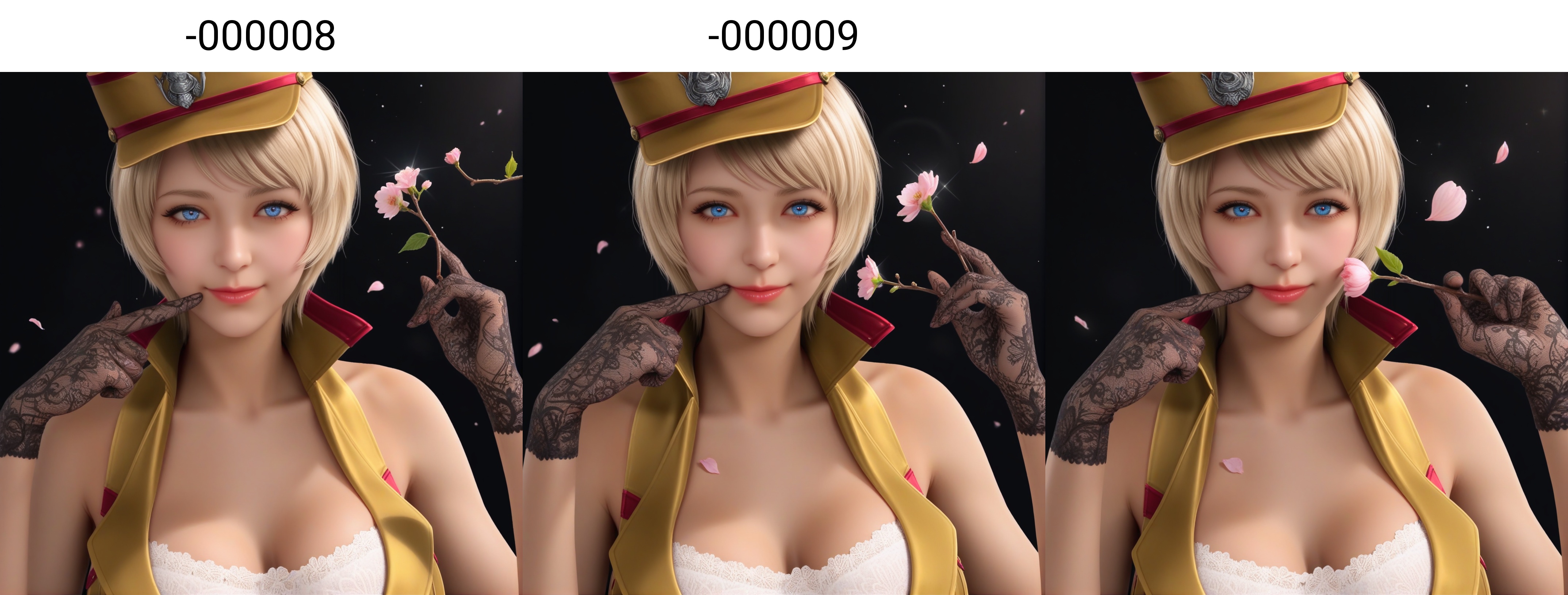 masterpiece,best quality,absurdres,highres,plump,curvy,mature female,<lora:潜-灵狐-ill-000008:0.83>,1girl,solo,blonde hair,short hair,blue eyes,linghuzhe,pupils,bright_pupils,(blue_pupils),halter dress,white bra,lace bra,high collar,bare shoulders,military hat,black gloves,lace gloves,collarbone,upper body,(fingersmile:1.1),looking at viewer,(front view),BREAK(white_skin:1.1),(fair_skin:1.1),realistic,twig,branch,falling petals,simple background,black background,rim light,Volumetric Lighting,lens flare,Tyndall effect,depth of field,bokeh,sparkle,<lora:IL反差:-1>,