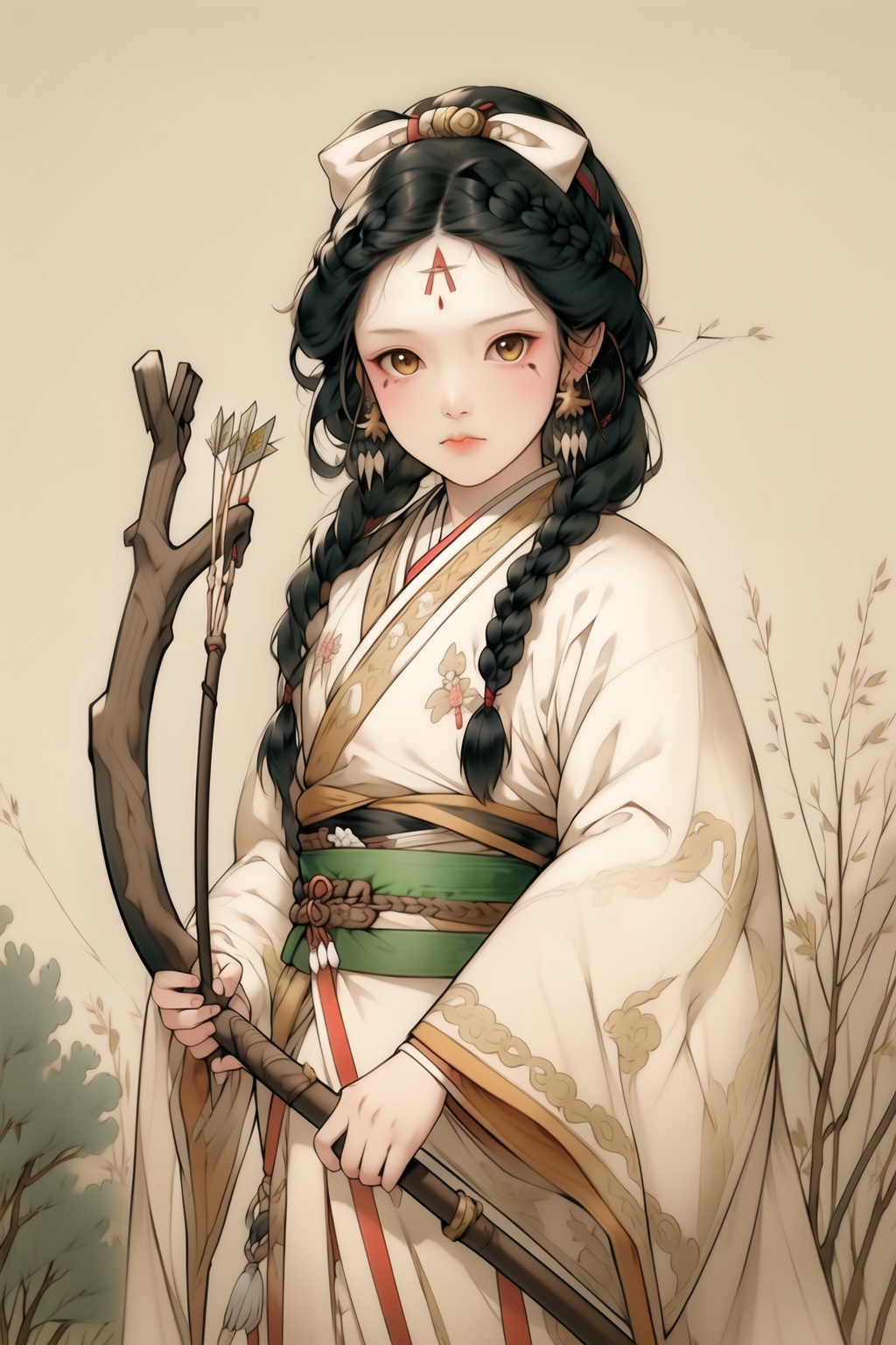 ycbh, 1girl, braid, black hair, weapon, bow \(weapon\), jewelry, looking at viewer, quiver, long hair, earrings, twin braids, forehead mark, wide sleeves, animal, long sleeves, holding weapon, solo, tree, bangs, sash, wolf, holding arrow,<lora:ycbh4:0.8>,