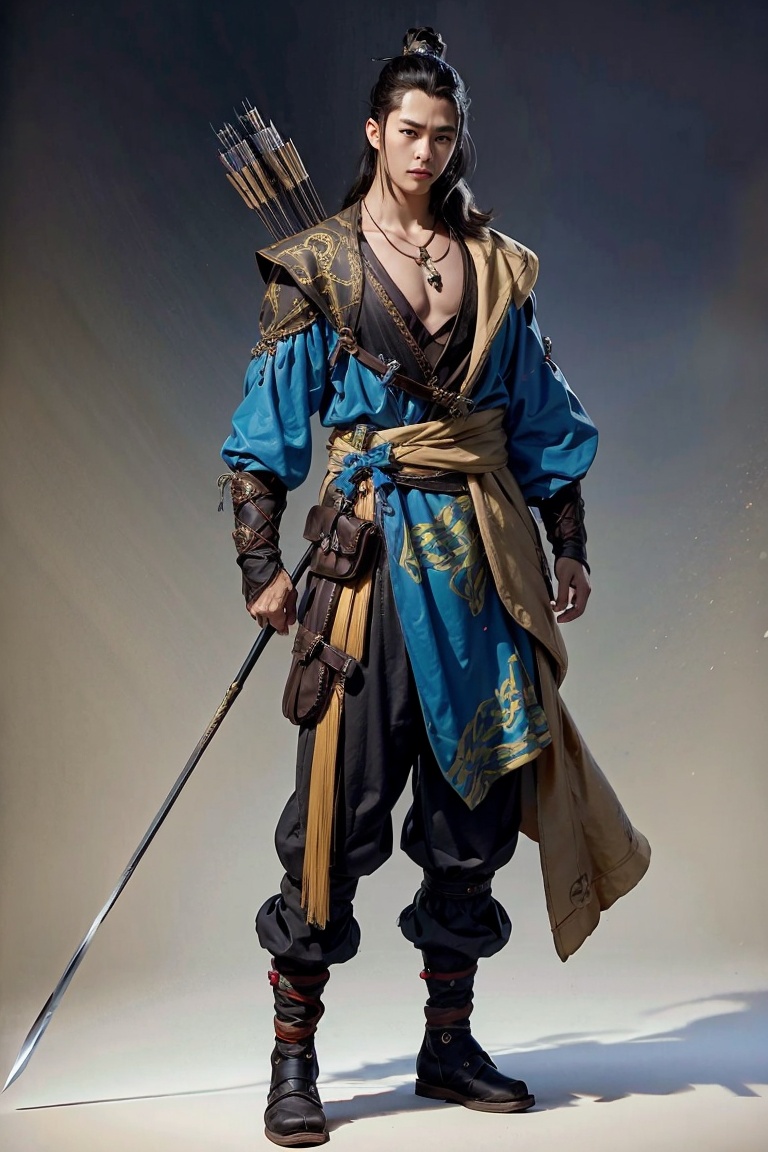 JYGL 1boy arrow \(projectile\) black hair boots bow \(weapon\) full body jewelry male focus necklace solo standing sword weapon,<lora:金庸古龙20240110-1704831963137-0010:0.8>,