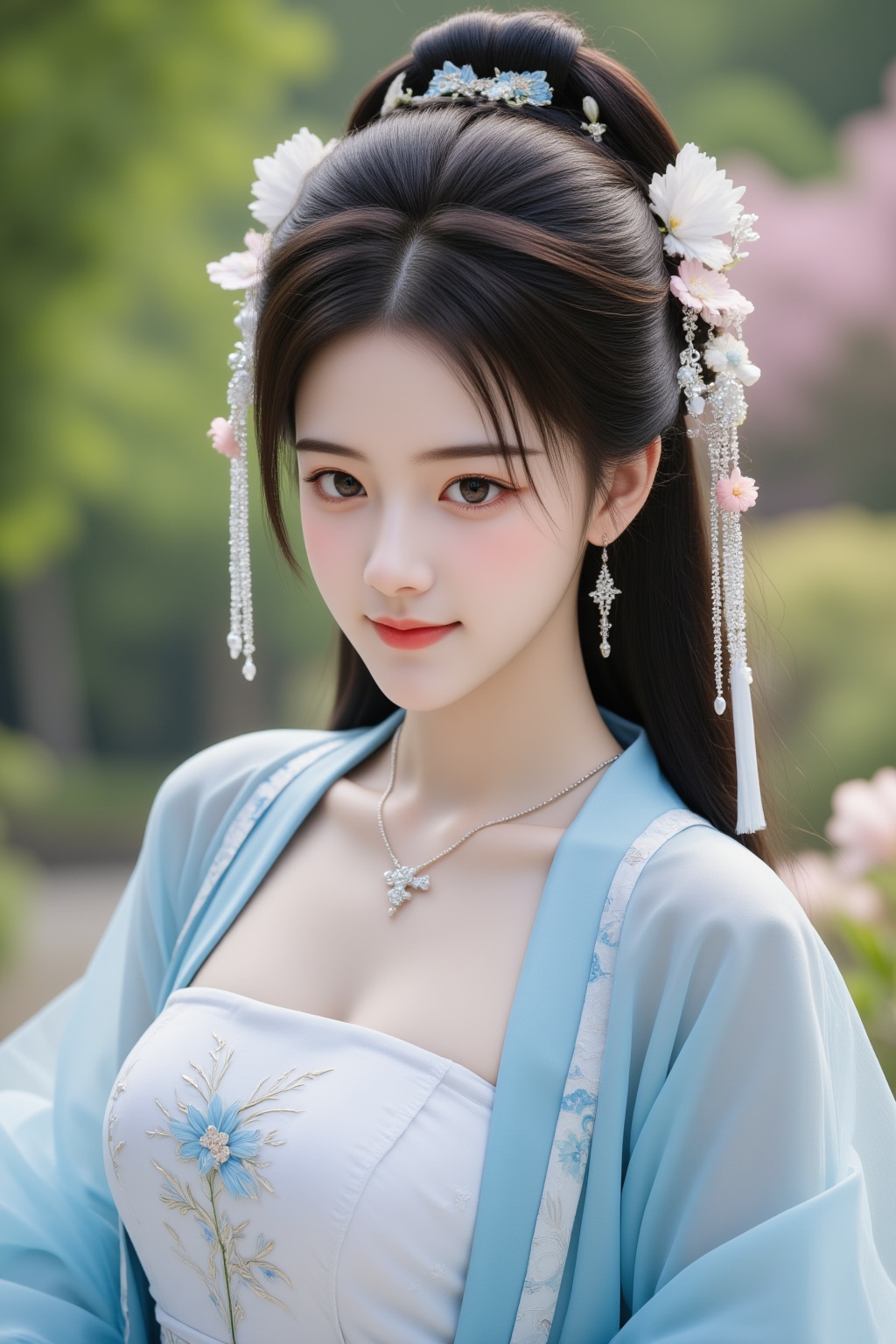 cinematic photo 1girl, teenage, jewelry, long hair, solo, smirk, closed mouth, black hair, brown eyes, looking at viewer, upper body, blue hanfu, outdoors, flowers