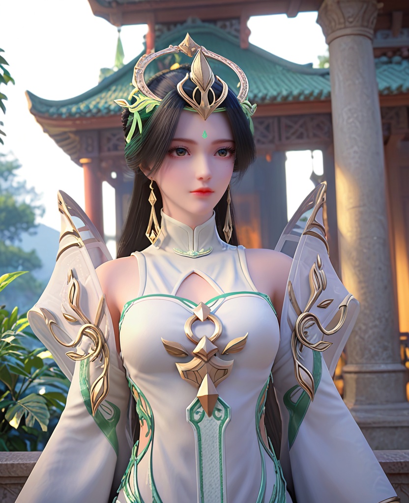 (oriental architecture, elegant decor, sophisticated style:1.1),Seated cross-legged, hands resting atop her knees with palms facing upwards, she embodies serenity and spiritual awakening,(breasts:1.2),<lora:XL完美世界柳神:0.9>,miss liushen,solo,white dress,shawl,black hair,long hair,bangs,hair ornament,blackish green eyes,forehead mark,black hair highlights green hair,clothing cutout,waist cutout,earrings,wide sleeves,, zPDXL2, score_9, score_8_up, score_7_up BREAK realistic, masterpiece,best quality, highly detailed,, zPDXL3, zPDXL2,zPDXL, zPDXLxxx, zPDXLrl,