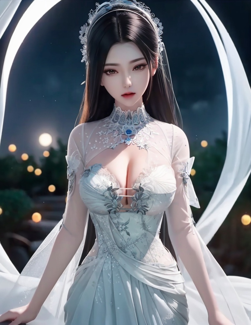 <lora:520-DA-诛仙CG-陆雪琪:0.8>(,1girl, ,best quality, ),looking at viewer,  ,,ultra detailed background,ultra detailed background,ultra realistic 8k cg, ,masterpiece, spider lily,full moon, (cleavage), (),