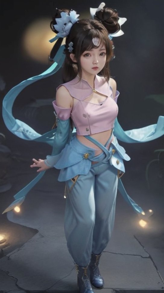(1girl),smooth chin,masterpiece,detailed face,((hair ornament)),top quality,4k,make up,best quality,medium breasts,(looking at viewer),long legs,double bun,jewelry hair,dress,detached sleeves,ribbon,shawl,light blue skirt,puffy pants,hair rings,hair flower,(wariza),(arms behind back),bangs,jewelry on bangs,<lora:王者小乔青蛇SD_v1.0:0.6>,