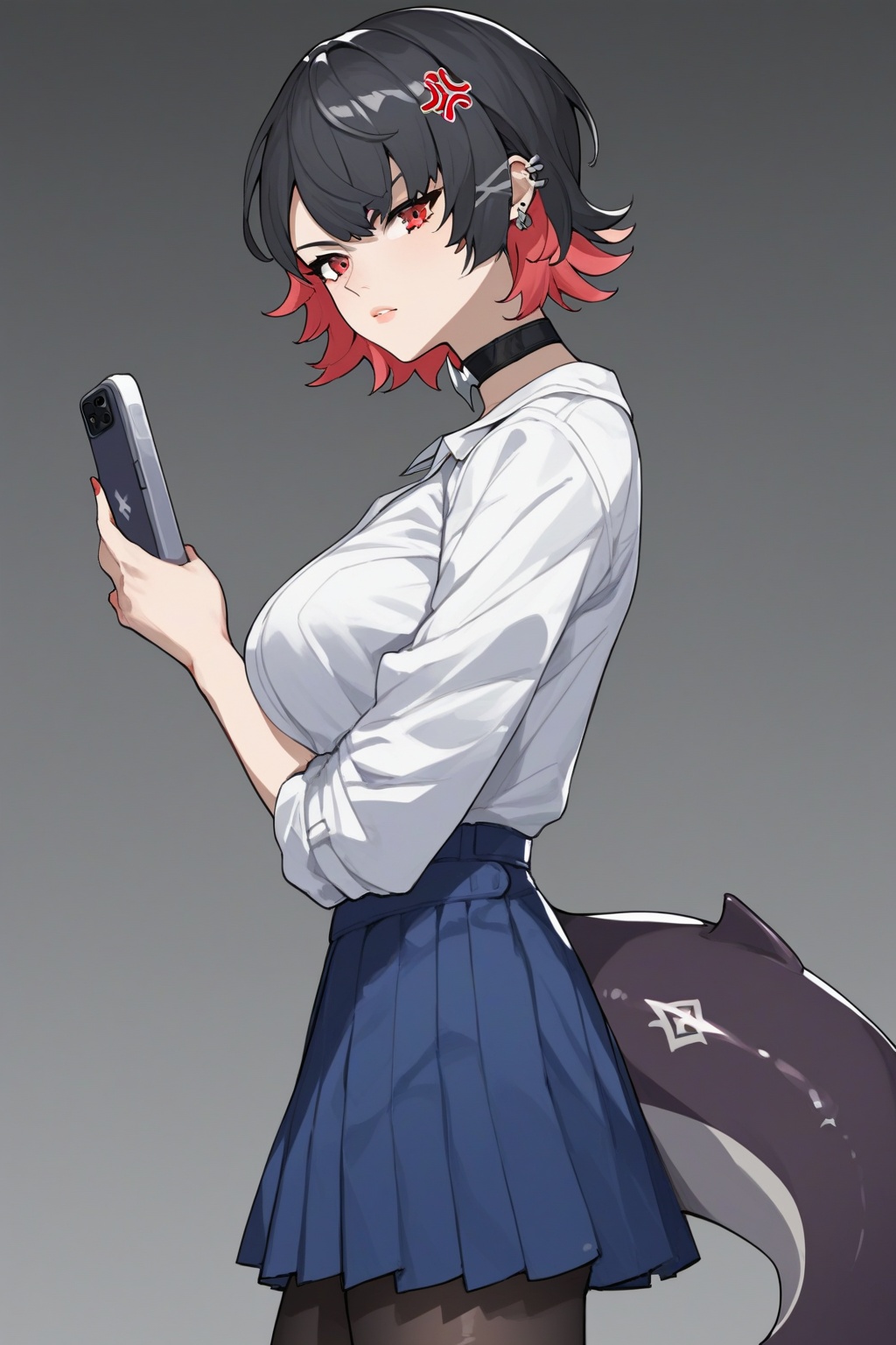 score_9,score_8_up,score_7_up,score_6_up,score_5_up,score_4_up,source_anime,source_cartoon,<lora:ellen joePXL-000001:0.8>,ellen joe \(Zenless Zone Zero\),1girl,skirt,shark tail,red eyes,two-tone hair,shirt,solo,anger vein,white shirt,colored inner hair,holding,pleated skirt,phone,looking at viewer,black pantyhose,ear piercing,holding phone,choker,short hair,piercing,breasts,black choker,cellphone,blue skirt,fins,album cover,neck ring,from side,