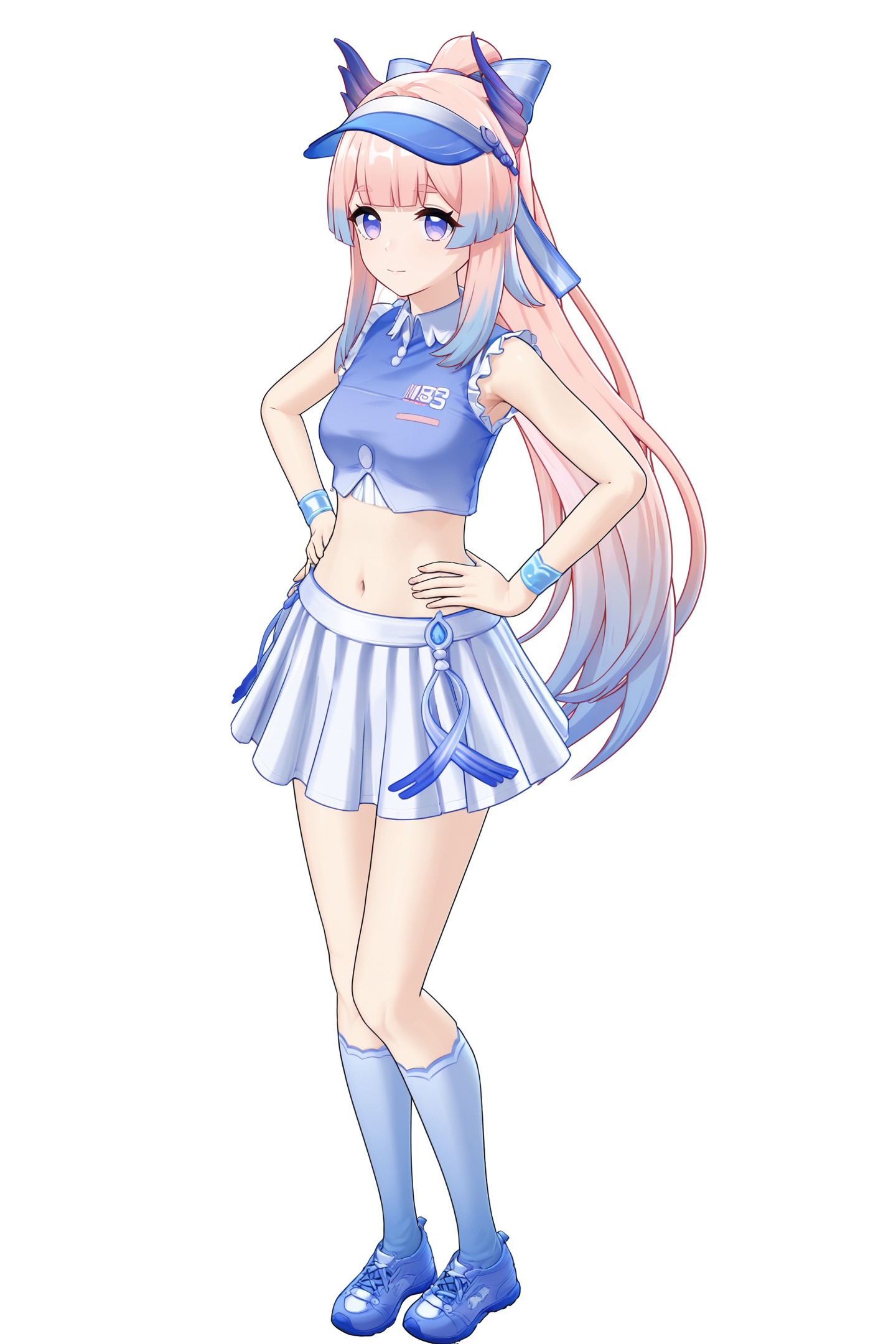 score_9,score_8_up,score_7_up,score_anime,8k,best quality,masterpiece,(ultra-detailed),(high detailed skin),(by nanoless, by misumi \(macaroni\),:0.5),<lora:YLI 0.1v:0.25>,<lora:style1:0.25>,A full-body portrait of a young girl,standing gracefully,pastel art style,high-key lighting,shoujo manga influence,hd quality,delicate details,full body,full shot,standing,looking at viewer,(solo:1.2),simple background,white background,hand on own hip,Digital Deconstruction,Glitch Art,<lora:xinhai_new-pony-Tanger-000019:0.8>,Sangonomiya Kokomi  /\(maidong/\),clothes: maidong sportswear,maidong sun visor,1girl,sangonomiya kokomi,navel,socks,midriff,skirt,sidelocks,pink hair,bangs,cheerleader,kneehighs,alternate costume,pleated skirt,sneakers,
