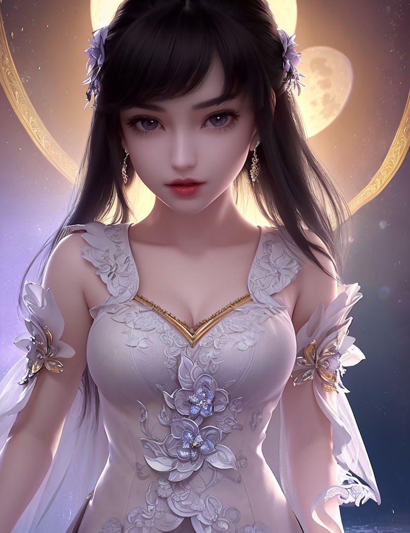 ultra realistic 8k cg, picture-perfect face, flawless, clean, masterpiece, professional artwork, famous artwork, cinematic lighting, cinematic bloom, perfect face, beautiful face, fantasy, dreamlike, unreal, science fiction,   lace, lace trim, lace-trimmed legwear,  (rich:1.4), prestige, luxury, jewelry, diamond, gold, pearl, gem, sapphire, ruby, emerald, intricate detail, delicate pattern, charming, alluring, seductive, erotic, enchanting, hair ornament, necklace, earrings, bracelet, armlet,halo((,1girl, pov,))(((1girl, jewelry, solo,, breasts, , looking_at_viewer,  outdoors,  flower, full moon,  teenage,  upper body,  )))    <lora:DA_YueChanTeen:0.7>