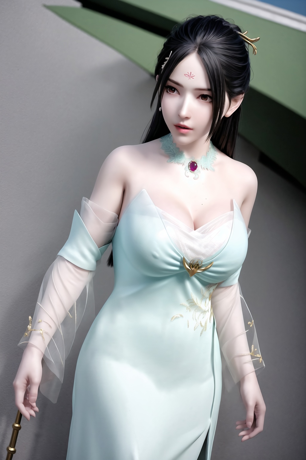 (8k, RAW photo, best quality, masterpiece:1.2),(realistic, photorealistic:1.3), ultra-detailed, extremely detailed cg 8k wallpaper,(crystalstexture skin:1.2), extremely delicate and beautiful,1girl, earrings, jewelry, solo, black_hair,outdoors, (full shot), (breasts, medium_breasts:0.2, cleavage), looking_at_viewer, standing, 