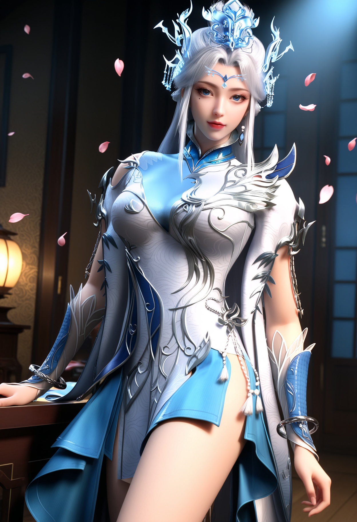 masterpiece,best quality,amazing quality,high resolution,ultra-detailed,absurdres,(looking at viewer:1.1),(Dark room:1.3),(moody lighting:1.1),peach blossom,falling petals BREAK (large breasts:0.8),ningyudie,1girl,solo,long hair,hair ornament,jewelry,dress,chinese clothes,blue eyes,white hair,earrings,hair bun,mole under eye,makeup,bracelet BREAK photorealistic details,<lora:QQSillningyudieV1:0.8>,