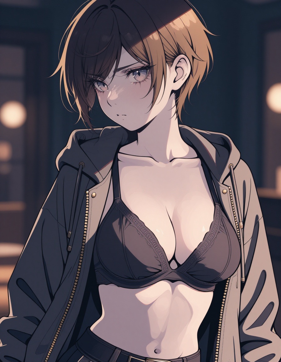 a beautiful skinny tomboy with large breasts. impudent. bra. oversized hoodie with cleavage. alternative look. boyish hair...