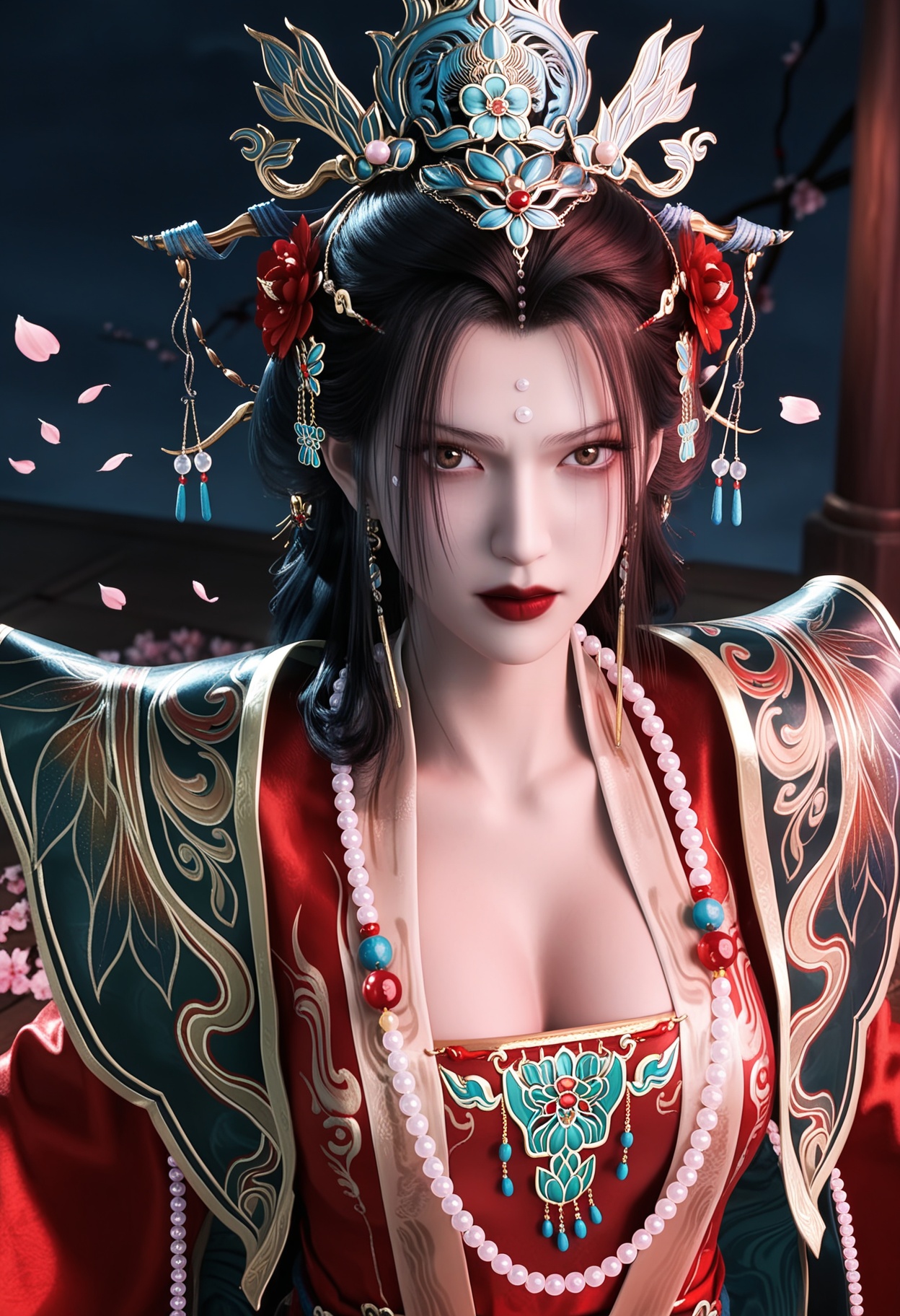 masterpiece,best quality,amazing quality,high resolution,ultra-detailed,absurdres,(looking at viewer:1.1),upper body,(Dark room:1.3),(moody lighting:1.1),peach blossom,falling petals BREAK (large breasts:0.8),chufuren,1girl,solo,hair ornament,jewelry,black hair,long hair,beads,earrings,forehead mark,necklace,red lips,chinese clothes,facial mark,hair flower,dress,bead necklace,red dress,makeup,brown eyes,realistic,lipstick,shoes BREAK photorealistic details,<lora:QQSillchufurenV1:0.8>,