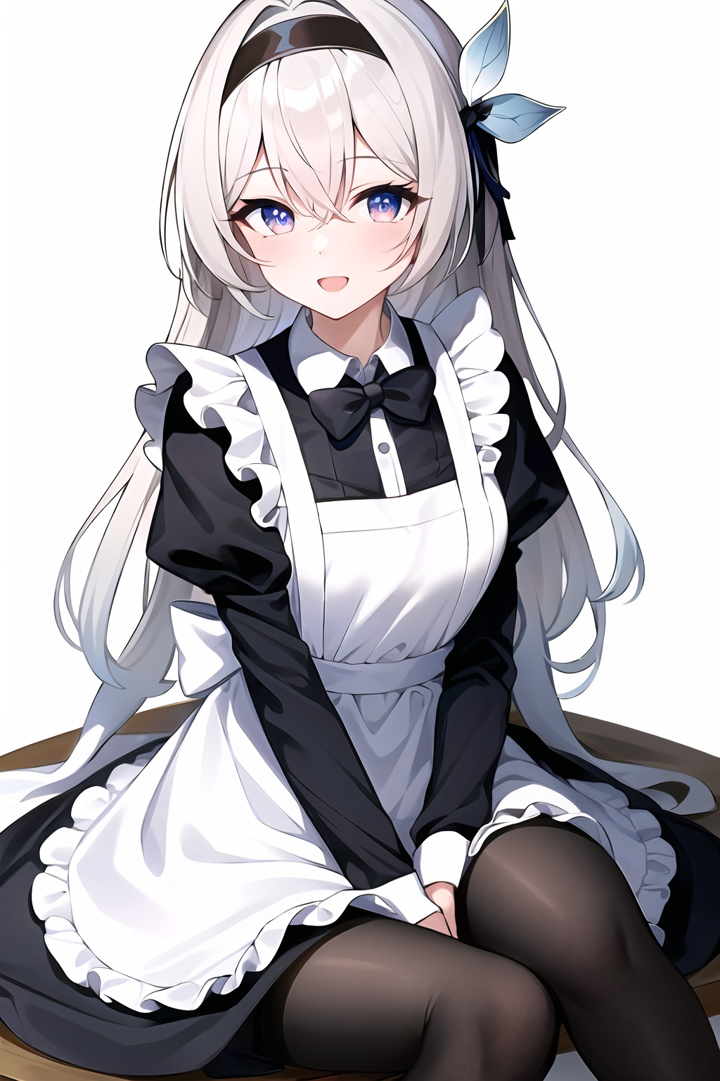 (masterpiece, best quality:1.2),insanely detailed,absurdres,ultra-highres,ultra-detailed,best quality,slender,kawaii,perfect symmetrical face,ultra cute girl,ultra cute face,ultra detailed eyes,ultra cute,ultra beautifu,<lora:firefly-000001:0.7>,firefly \(honkai: star rail\),1girl,solo,black hairband,pantyhose,long hair,apron,bow,juliet sleeves,hairband,black bow,long sleeves,puffy sleeves,white apron,looking at viewer,maid,hair intakes,grey hair,black bowtie,open mouth,sitting,bowtie,blush,white background,frilled apron,multicolored eyes,black pantyhose,thigh strap,frills,smile,maid apron,alternate costume,sidelocks,simple background,brown pantyhose,