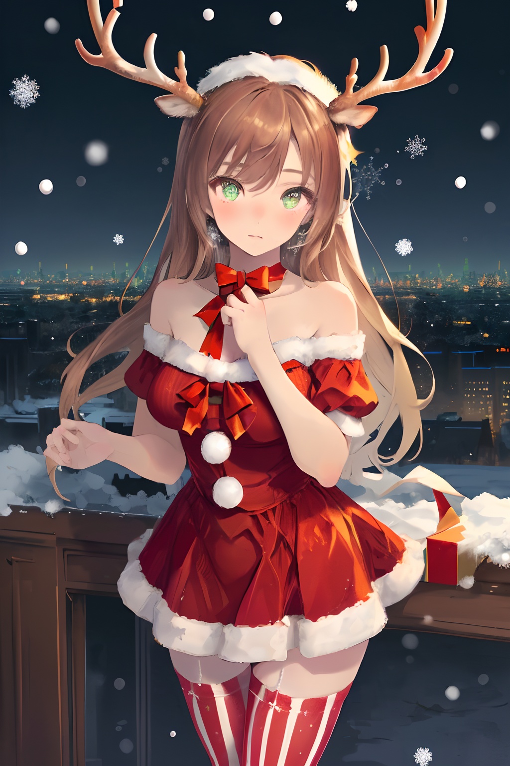 christmas dres，s1girl,christmas,bare shoulders,antlers,(cowboy shot close-up),standing,exquisite eyes,night,cityscape,snowing,striped stockings,elegant posture,,(an extremely delicate and beautiful),(best quality),((masterpiece)),intricate detail,(masterpiece, high quality, best quality),<lora:christmas dress-000006:0.6>,
