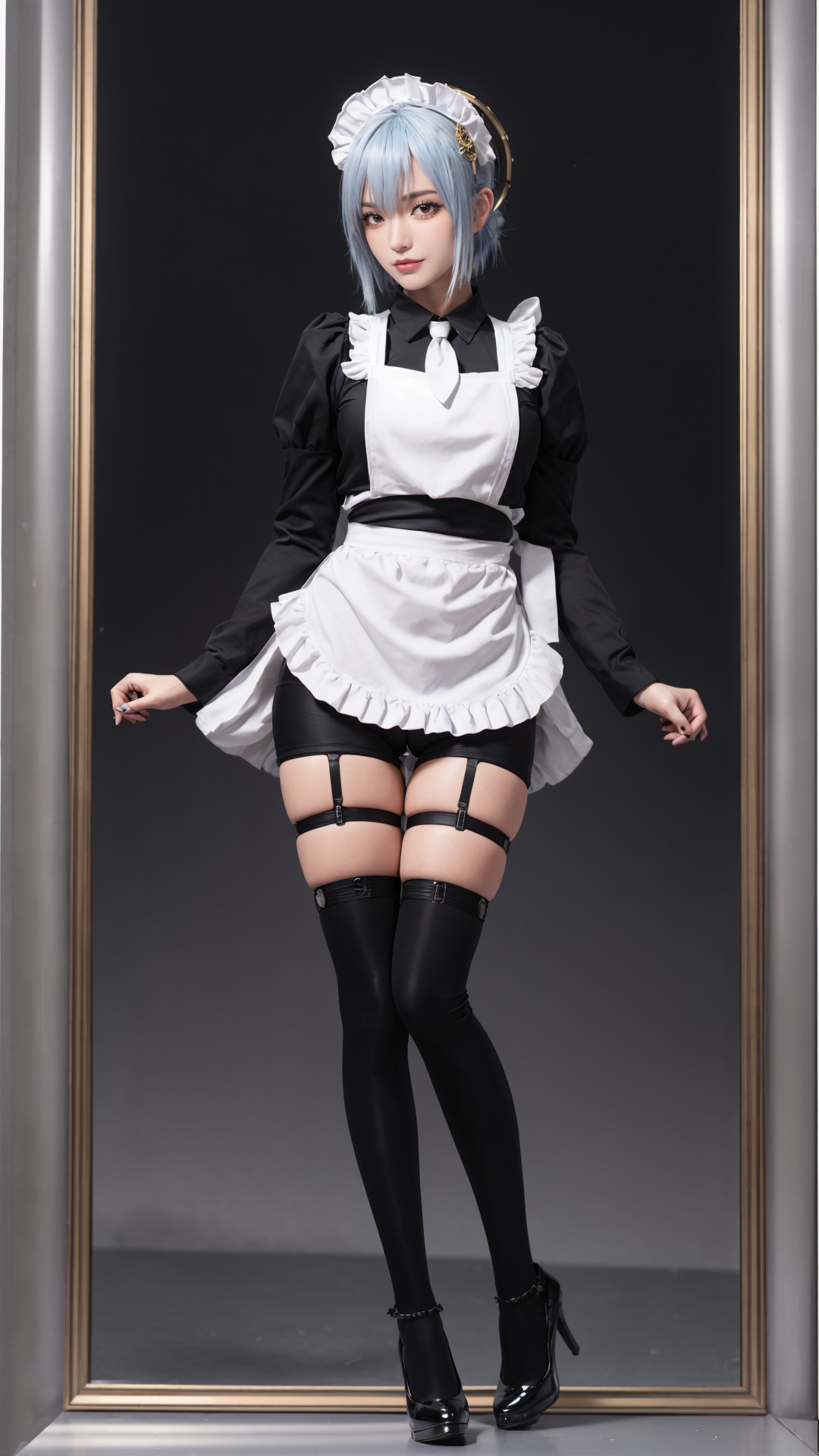 tutututu,apron,long sleeves,maid,maid apron,puffy sleeves,maid headdress,black shorts,black thighhighs,thigh strap,garter straps,<lora:tutututu_20240129122144-000005:0.5>,masterpiece, high quality, 3d, 8k cg, intricate details, detailed background, sacred,ornaments, absurdres, (incredible absurdity), (wallpaper), (8k hd),solo focus, cute smile,correct posing, detailed clothing, detailed body, correct body anatomy, extremely beautiful and delicate anime face and eyes, minute details, intricate details, delicate, gilded frame, (detailed light),((1girl)), solo,(full body), Blue hair, prosthesis, mechanical arms, synthetic skin, porcelain, pearl, holographic, titanium, diamond, ruby, sapphire, gemstones, clockwork, grunge, worn edges, ((armor)),((steampunk)),((cyberpunk)),((intricate details)),((ornaments)),((prosthesis)),((clockwork)),standing, hair ornamen, high heels,layered backgrounds,(gorgeous background), dynamic angle, delicate background, (shine),ganyu, twin horn,Outside, castles, towns, carriages, European buildings,Ganyu \(Genshin Impact\),byDylanKowalski,<lora:ganyuGenshinImpact_v20:0.3><lora:ScifiProsthesisStyle_epoch000006:0.2>