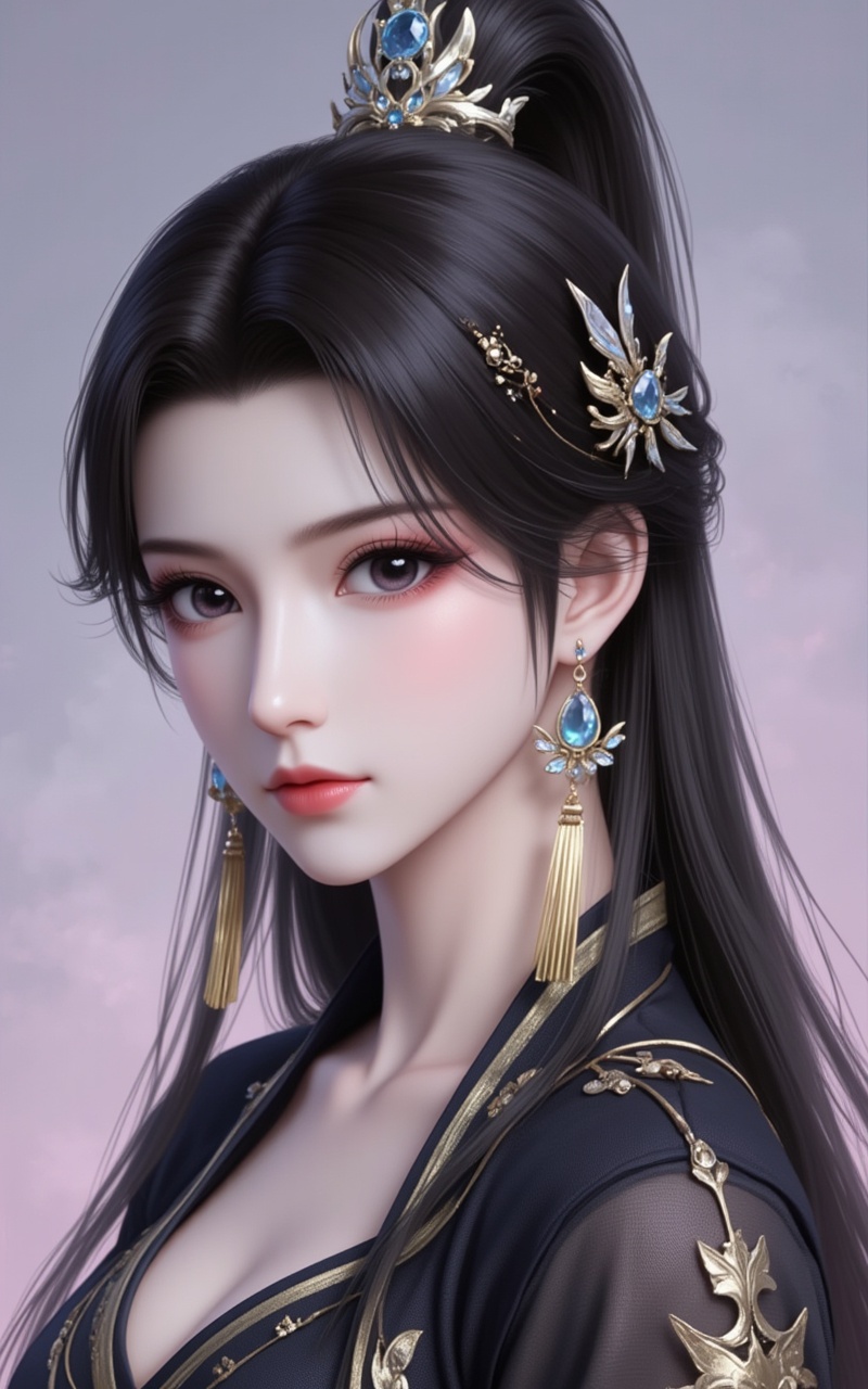 <lora:金箔岩彩·6:0.4>,jinbo,<lora:萧薰儿泛化版6:1>,xiaoxuner,earrings,hair ornament,ponytail,long hair,black hair,looking_at_viewer,jewelry,cover,gradient background,close-up details,outstanding style,adding a touch of dimension to your images without compromising details,close-up,<lora:DJ滤镜_2.5D版:0.4>,lvjing,<lora:油画唯美滤镜15:0.2>,baoshi,