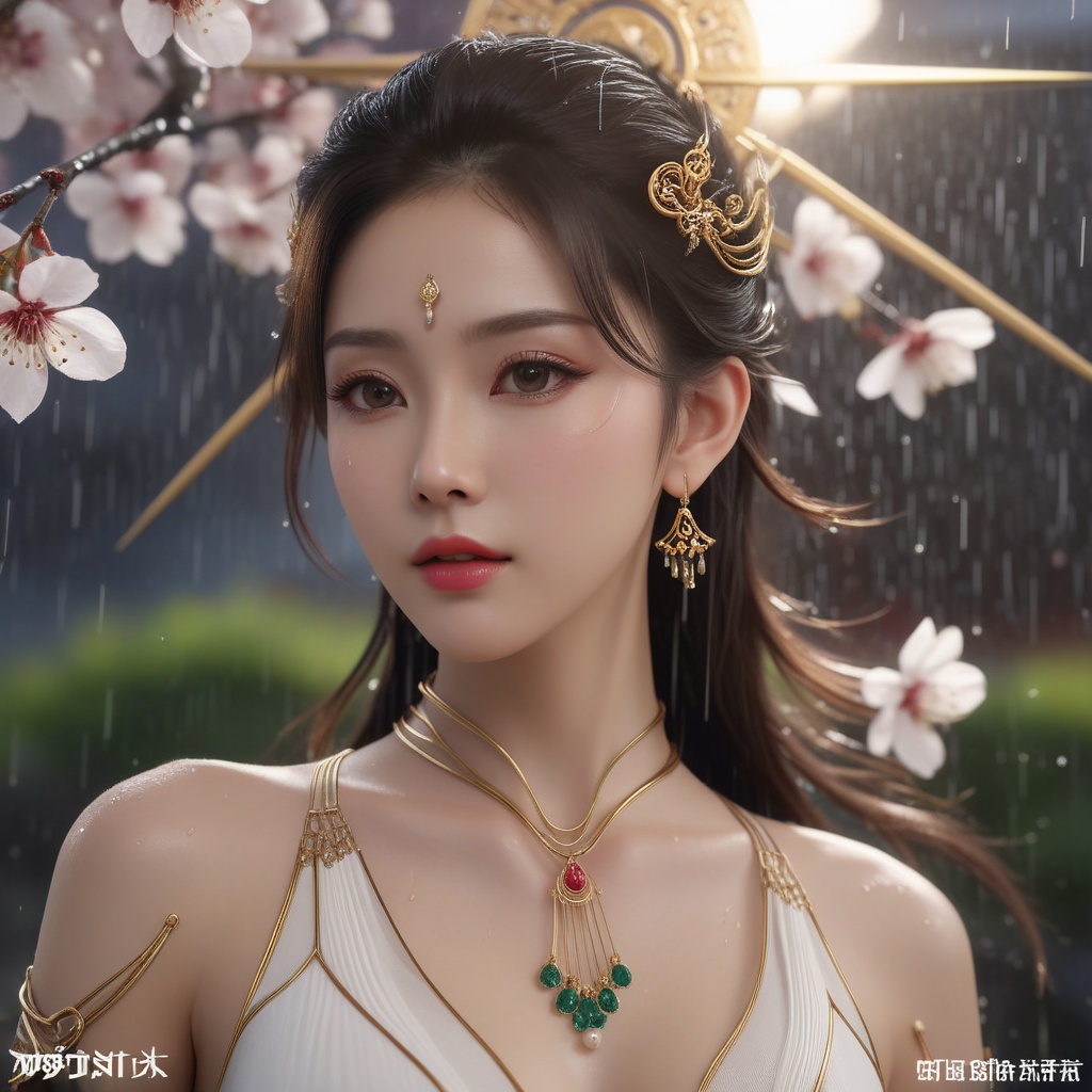 <lora:648-DA-XL-遮天-狠人大帝:0.8>(,1girl, ,best quality, ),looking at viewer,  ,,ultra detailed 8k cg, ultra detailed background ,ultra realistic 8k cg,          cinematic lighting, cinematic bloom, (( , )),,  , unreal, science fiction,  luxury, jewelry, diamond, pearl, gem, sapphire, ruby, emerald, intricate detail, delicate pattern, charming, alluring, seductive, erotic, enchanting, hair ornament, necklace, earrings, bracelet, armlet,halo,masterpiece, (( , )),, realistic,science fiction,mole,   ,cherry blossoms,,(((Best quality, masterpiece, ultra high res, (photorealistic:1.4), raw photo, 1girl, ,rain, , sunlight, sunset, qianqiu wanxia,     )))  (cleavage), (),
