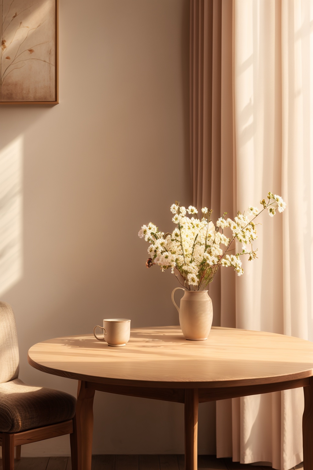 product photography, indoor, flower, indoors, cup, no humans, window, chair, table, white flower, curtains, scenery, teacup, wooden floor, still life, wooden table, wooden chair
