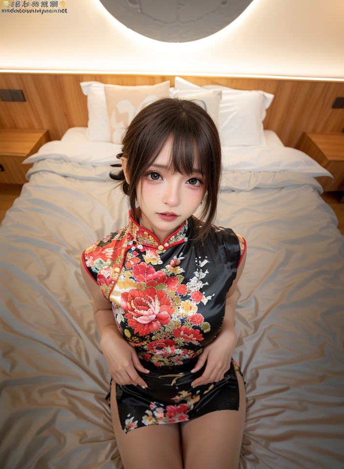 banqipao,1girl,solo,looking at viewer,short hair,brown hair,black hair,dress,brown eyes,Flesh colored pantyhose,lying,sleeveless,on back,lips,bed sheet,chinese clothes,short dress,floral print,china dress,realistic,<lora:banqipao_20231230221000:0.8>,