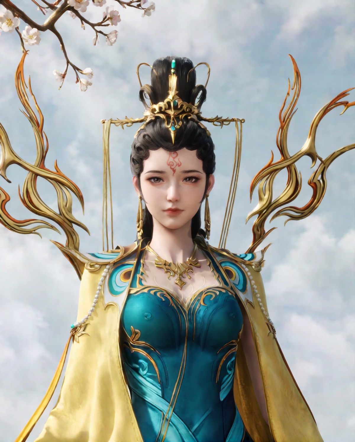 score_9,<lora:SF_NvWa_Pony_Realism-000003:0.7>,black hair,long hair,DarkCyan dress,1girl,solo,flower,earrings,forehead mark,yellow cape,branch,hair ornament,standing,looking at viewer,cowboy_shot,