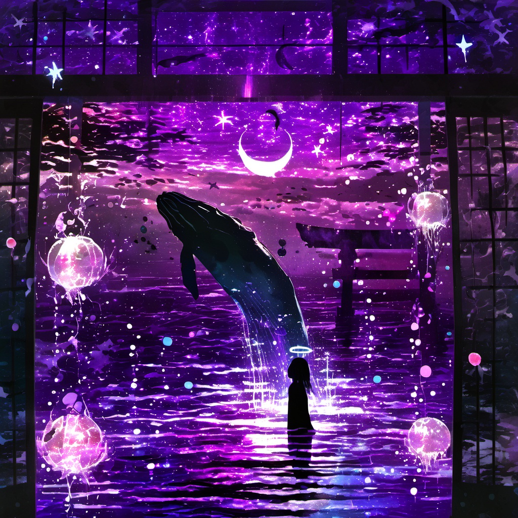 <lora:star_xl_v3:1>,silhouette painting, ethereal ambiance, 1girl, purple theme, solo, water, scenery, reflection, ripples, blurry, petals, no humans, window, night, moon, a vibrant and ethereal scene dominated by hues of purple and pink and blue, a fantastical representation of a pond or water body with various elements floating and swirling around, there are colorful silhouettes of marine life, black silhouettes of whale, the water surface is reflected with luminous orbs and stars and other celestial elements and a torii and a crescent moon is visible in the bottom right corner, a magical and dreamy ambiance.