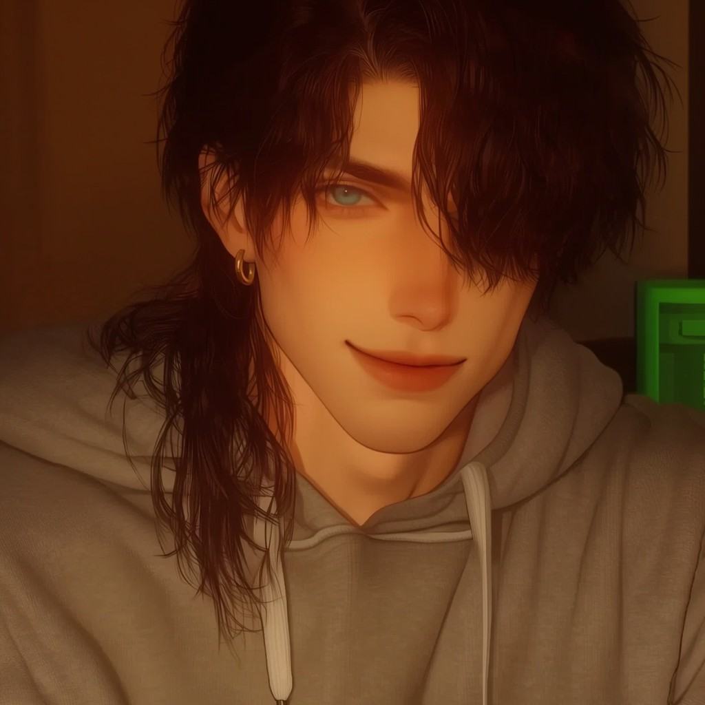 This is a digital portrait of a young,  androgynous man with a slightly muscular build and a soft,  confident smile. He ha...