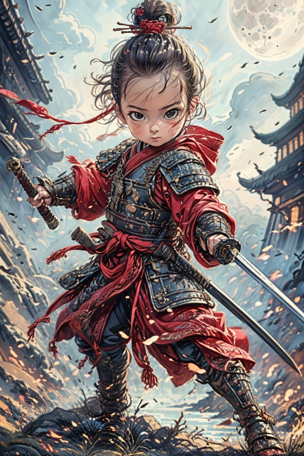 xiashi,1girl\(a 10-years-old,baby,solo,black hair,black eyes,single hair bun,hair ornament,armor,weapon,holding sword,sheath\),(looking at viewer,outdoor,full body):1.53\),Background\((full moon,sky,forest):1.5,grassland,lake\),masterpiece,best quality,unreal engine 5 rendering,movie light,movie lens,movie special effects,detailed details,HDR,UHD,8K,CG wallpaper