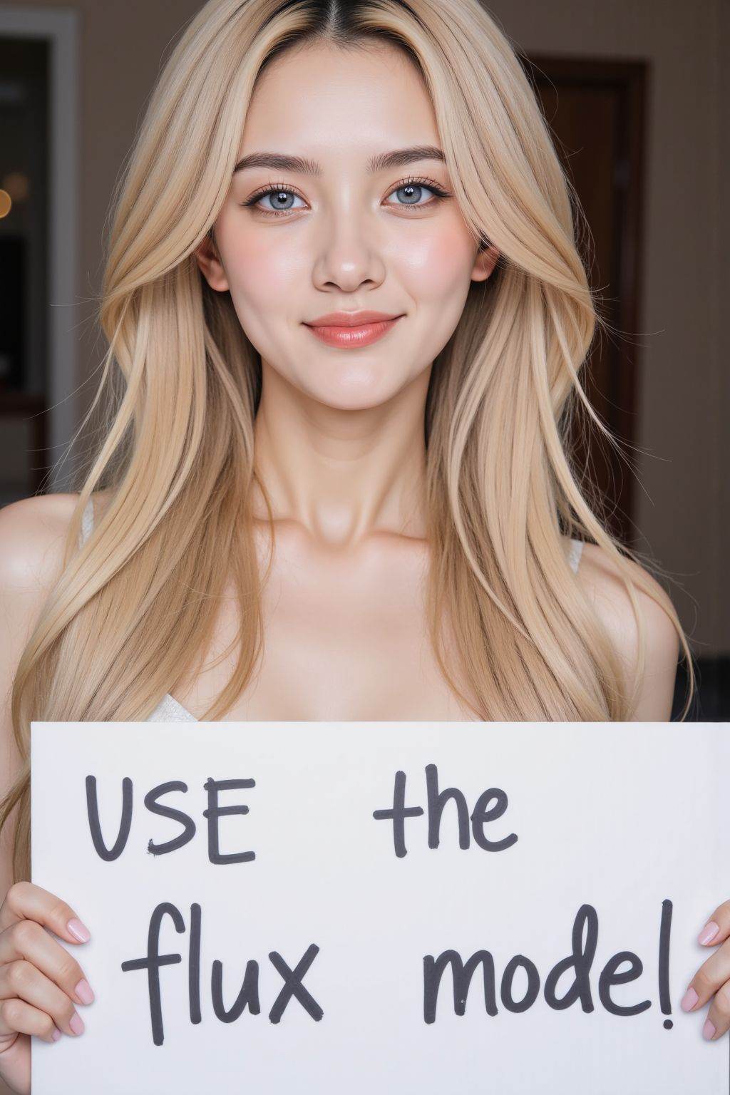 instagram photo, closeup face photo of 20 y.o, blue eyes, pale skin, smirk, blonde long straight hair, elegant dress, holding a sign with text "Use the flux model",