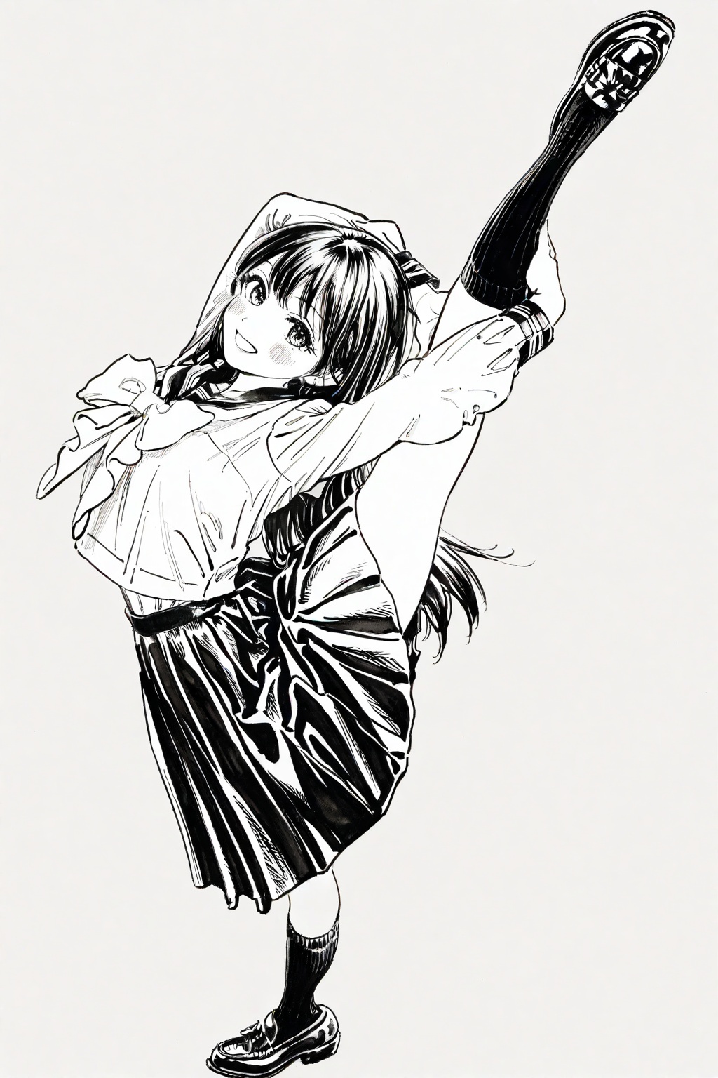 highres,absurdres,very awa,masterpiece,best quality,newest,year 2024,\n,<lora:BetterLine-Style:1>,\n,1girl,solo,monochrome,split,skirt,standing split,greyscale,school uniform,long hair,standing on one leg,standing,socks,pleated skirt,loafers,shoes,serafuku,kneehighs,looking at viewer,full body,flexible,traditional media,blush,sailor collar,long sleeves,leg up,smile,bow,shirt,simple background,bowtie,stretching,arms up,neckerchief,