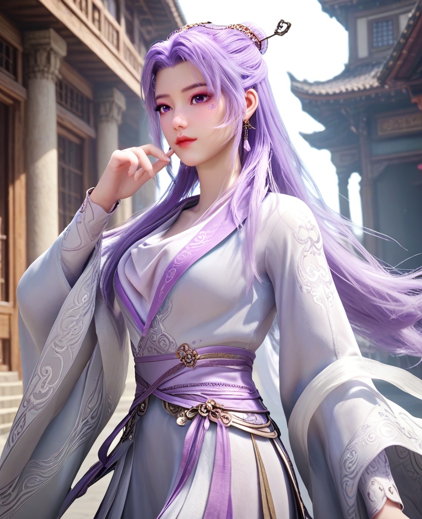 (oriental architecture, elegant decor, sophisticated style:1.1),(villain pose:1.1),(breasts:1.2),<lora:XL师兄啊云霄:0.95>,miss yunxiao,chinese clothes,purple hair,purple eyes,a mark under the left eye,single hair bun,long sleeves,earrings,hairpin,sash,, score_9,score_8_up,score_7_up,score_6_up,score_5_up,score_4_up,3d rendering,tag1,tag2, Cinematic Lighting,backlighting,