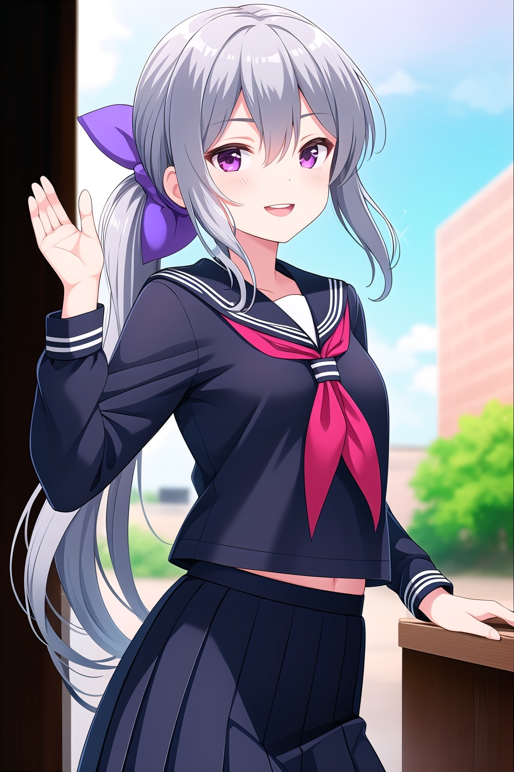 (masterpiece, best quality), highly detailed background, perfect lightingbest quality, shigetoakiho, solo, outdoors, school, grey hair, low ponytail, purple bow, hair bow, hair between eyes, very long hair, purple eyes, small breasts, black serafuku, black shirt, black sailor collar, red neckerchief, long sleeves, black skirt, pleated skirt, school uniform, smile, open mouth, :d, pink lips, <lora:Shigeto-Akiho:0.7>